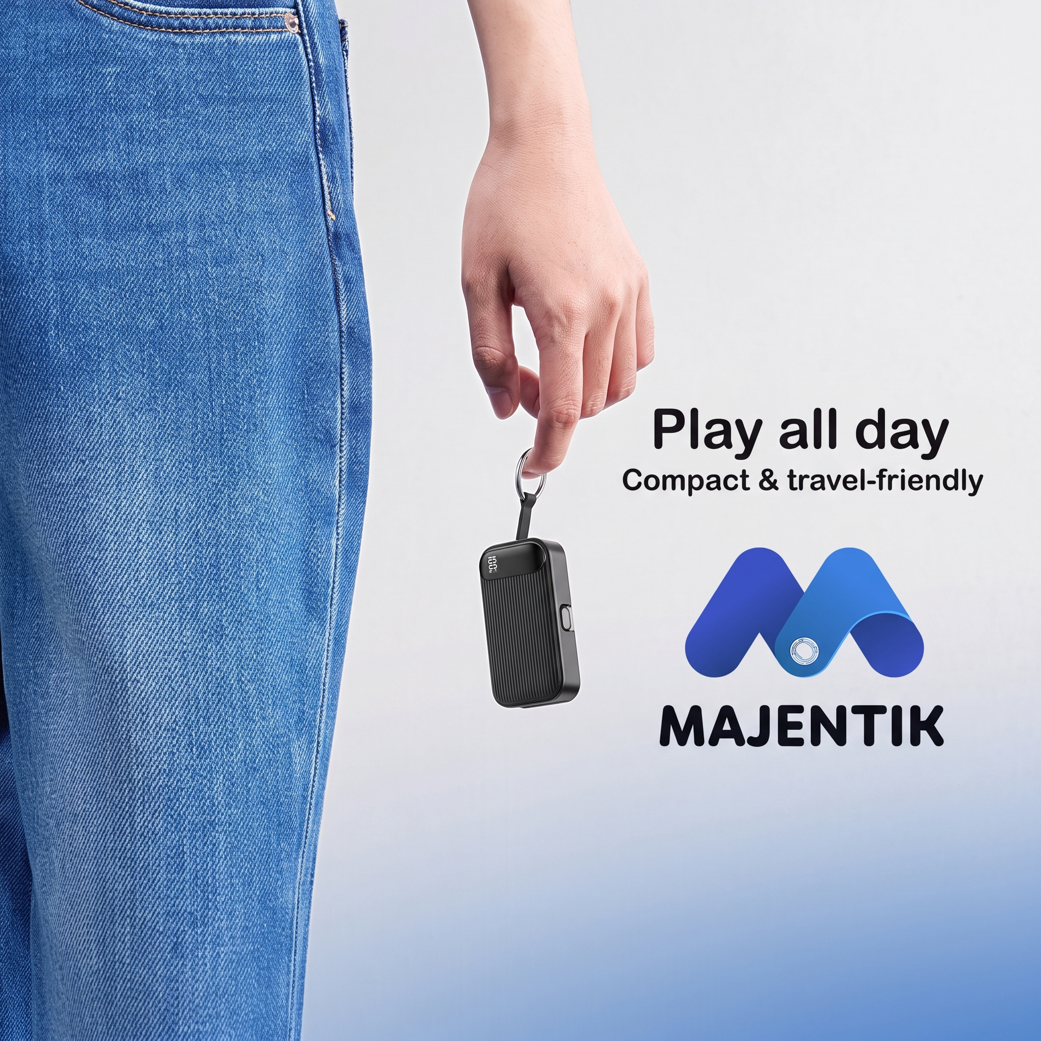 Majentik MJ-29 5000mAh Mini Power Bank with 22.5W Fast Charging, Built-in Type-C & Lightning Cables, Smart Digital Display, PD & QC 3.0, Compact Keyring Design - Black