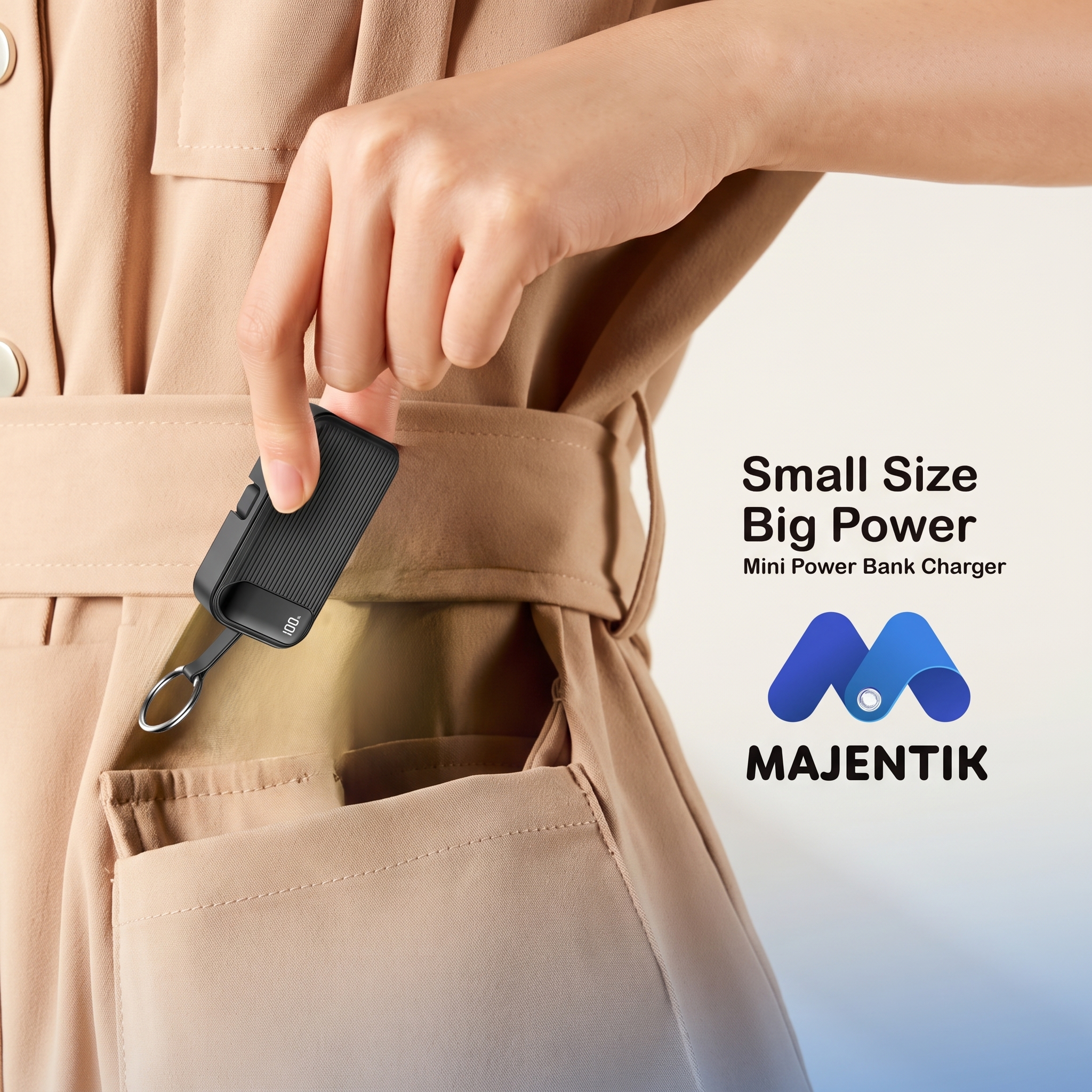 Majentik MJ-29 5000mAh Mini Power Bank with 22.5W Fast Charging, Built-in Type-C & Lightning Cables, Smart Digital Display, PD & QC 3.0, Compact Keyring Design - Black