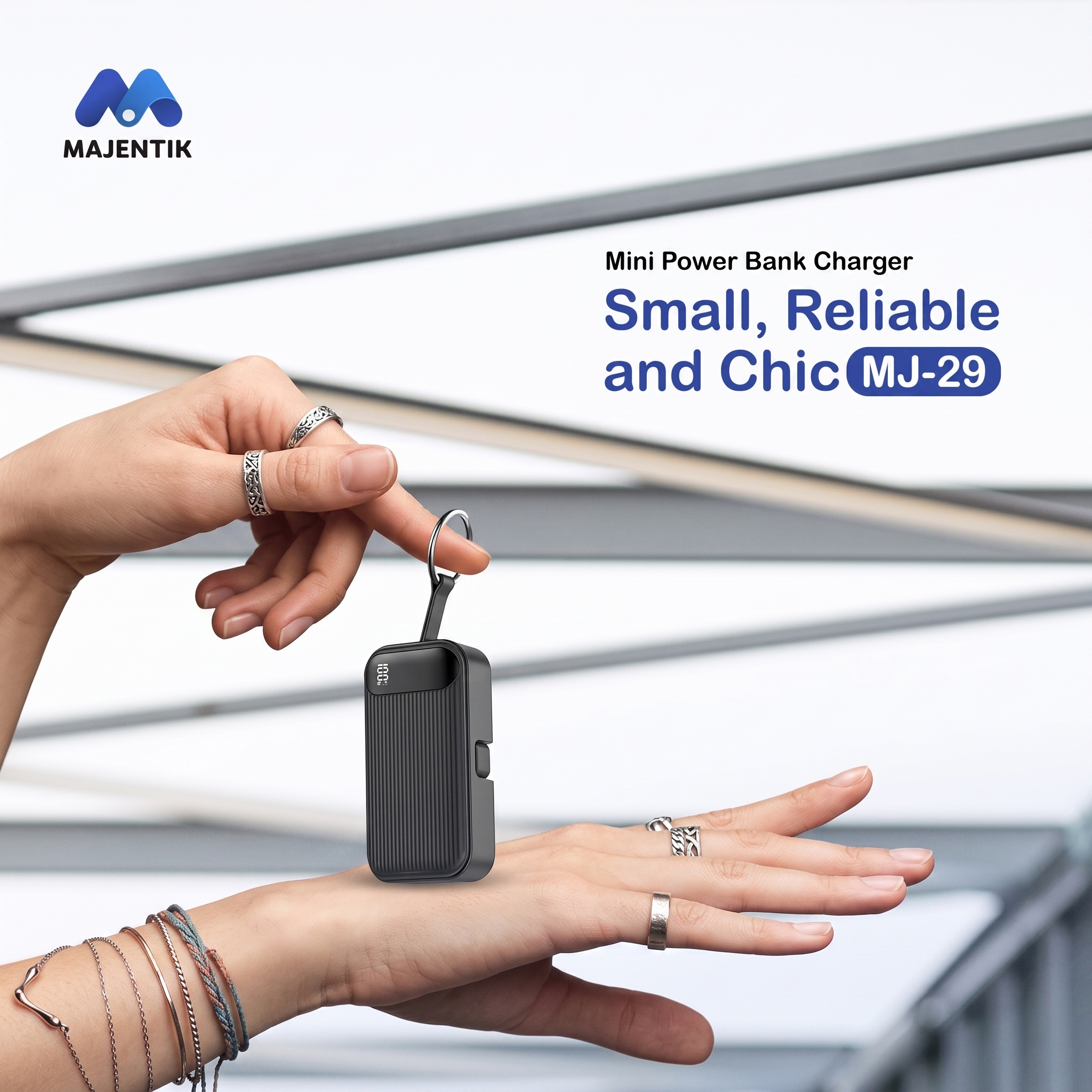 Majentik MJ-29 5000mAh Mini Power Bank with 22.5W Fast Charging, Built-in Type-C & Lightning Cables, Smart Digital Display, PD & QC 3.0, Compact Keyring Design - Black