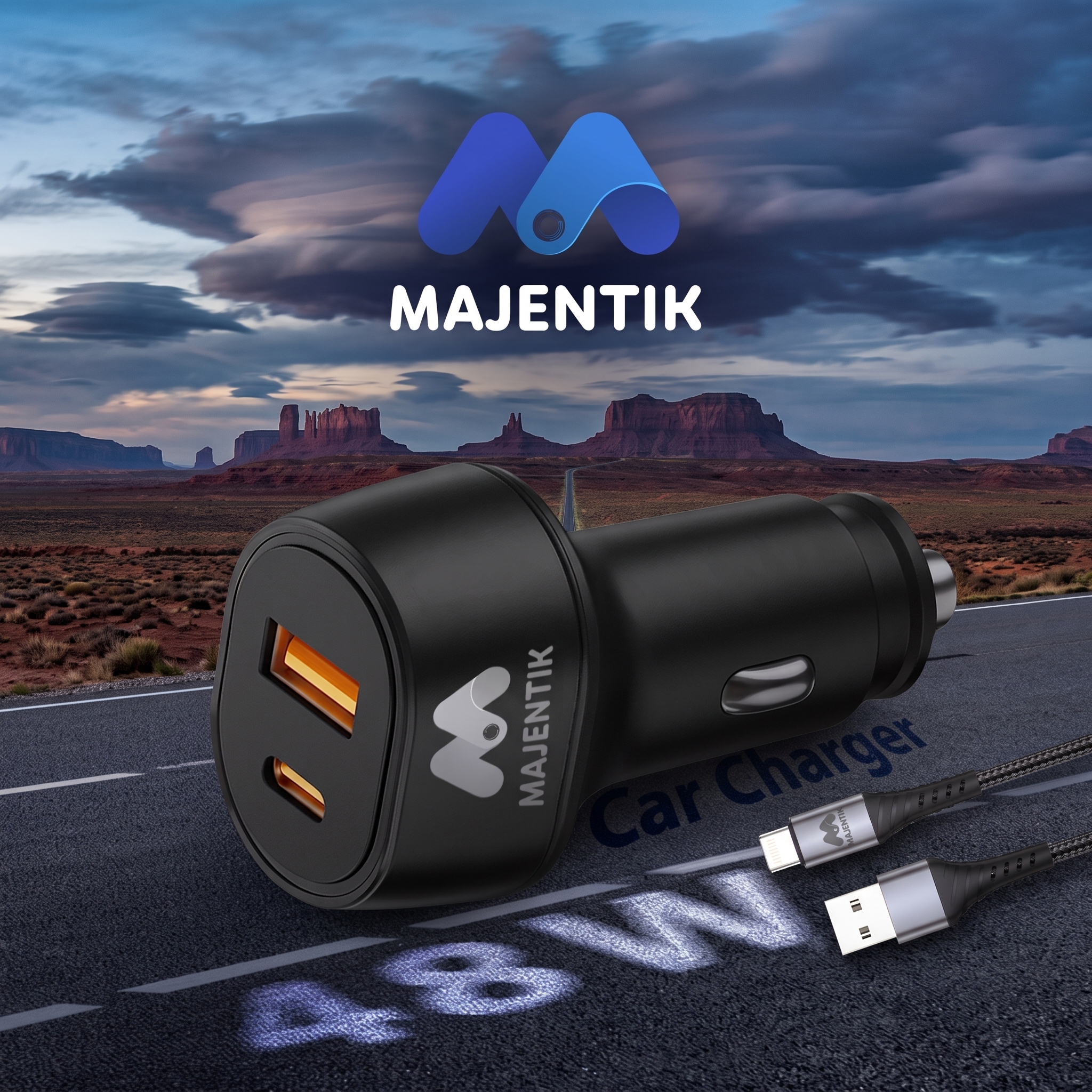 Majentik M-CC02 48W Car Charger, Dual USB-C & USB-A Fast Charging, PD3.0, PPS, QC3.0, Includes USB-A to USB-C Fast Charging Data Cable - Black