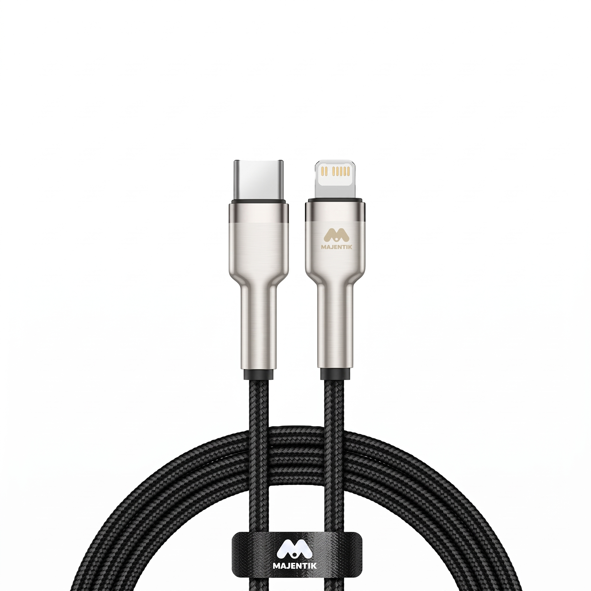 Majentik CL013-L Type-C to Lightning 27W PD Fast Charging Cable, 2 Meter Fabric Braided Cable with Full-Metal Connectors and Auto Power-Off - Black