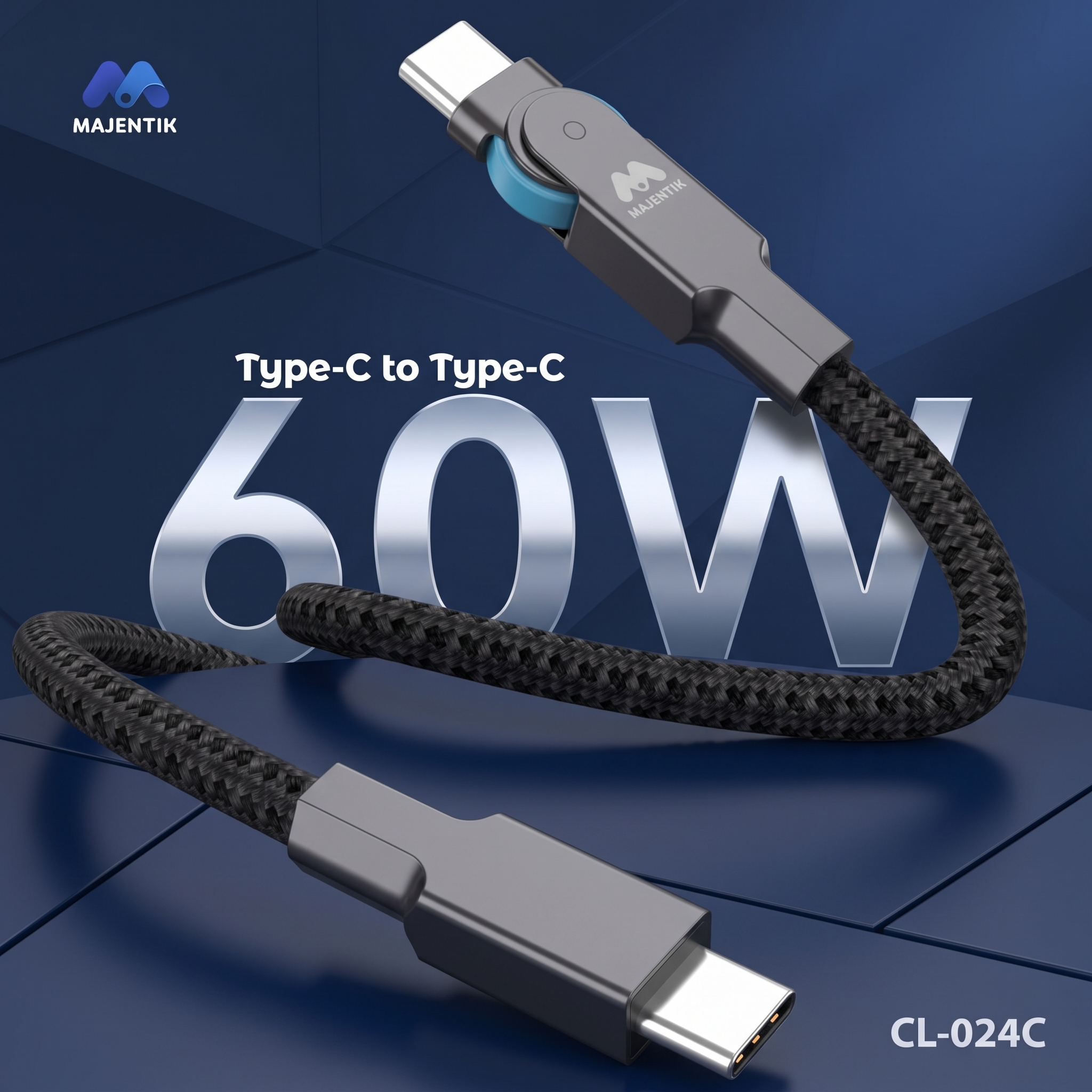Cable Majentik CL-024C Type-C to Type-C Super Fast Charging, 60W, 180° Swivel Connector, 480Mbps Data Transfer, Charging Indicator Light, 1.2M Braided Cable