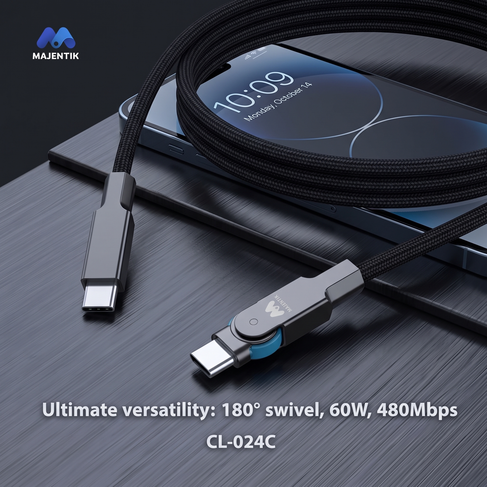 Cable Majentik CL-024C Type-C to Type-C Super Fast Charging, 60W, 180° Swivel Connector, 480Mbps Data Transfer, Charging Indicator Light, 1.2M Braided Cable