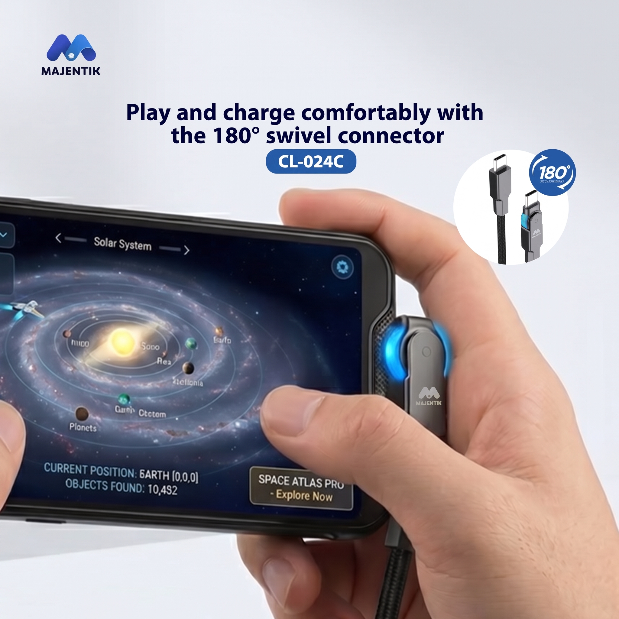 Cable Majentik CL-024C Type-C to Type-C Super Fast Charging, 60W, 180° Swivel Connector, 480Mbps Data Transfer, Charging Indicator Light, 1.2M Braided Cable