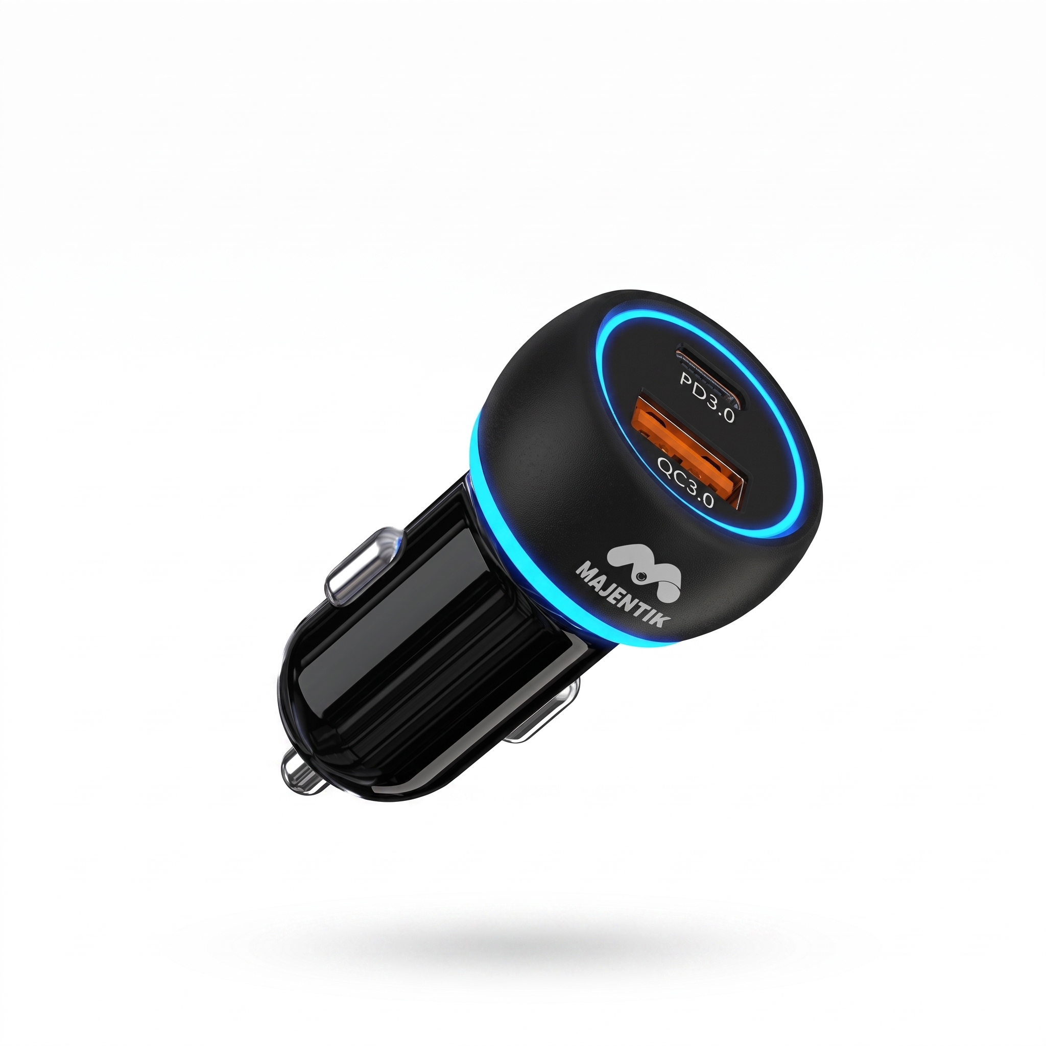 Car Charger Majentik M-CC01 60W Super Fast Charging, Dual USB-C & USB-A Ports, PD 3.0, QC 3.0, Smart Protection, LED Light, DC 12-24V - Black