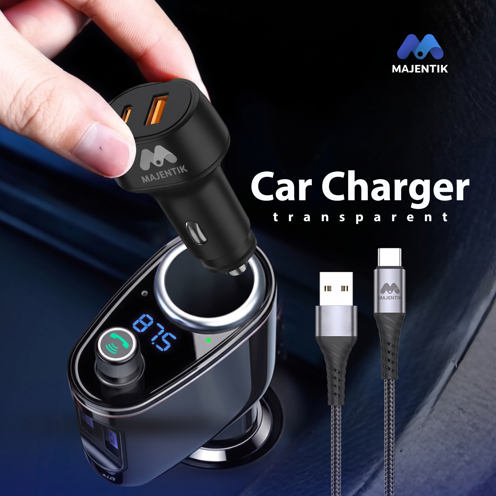 Majentik M-CC02 48W Car Charger, Dual USB-C & USB-A Fast Charging, PD3.0, PPS, QC3.0, Includes USB-A to USB-C Fast Charging Data Cable - Black