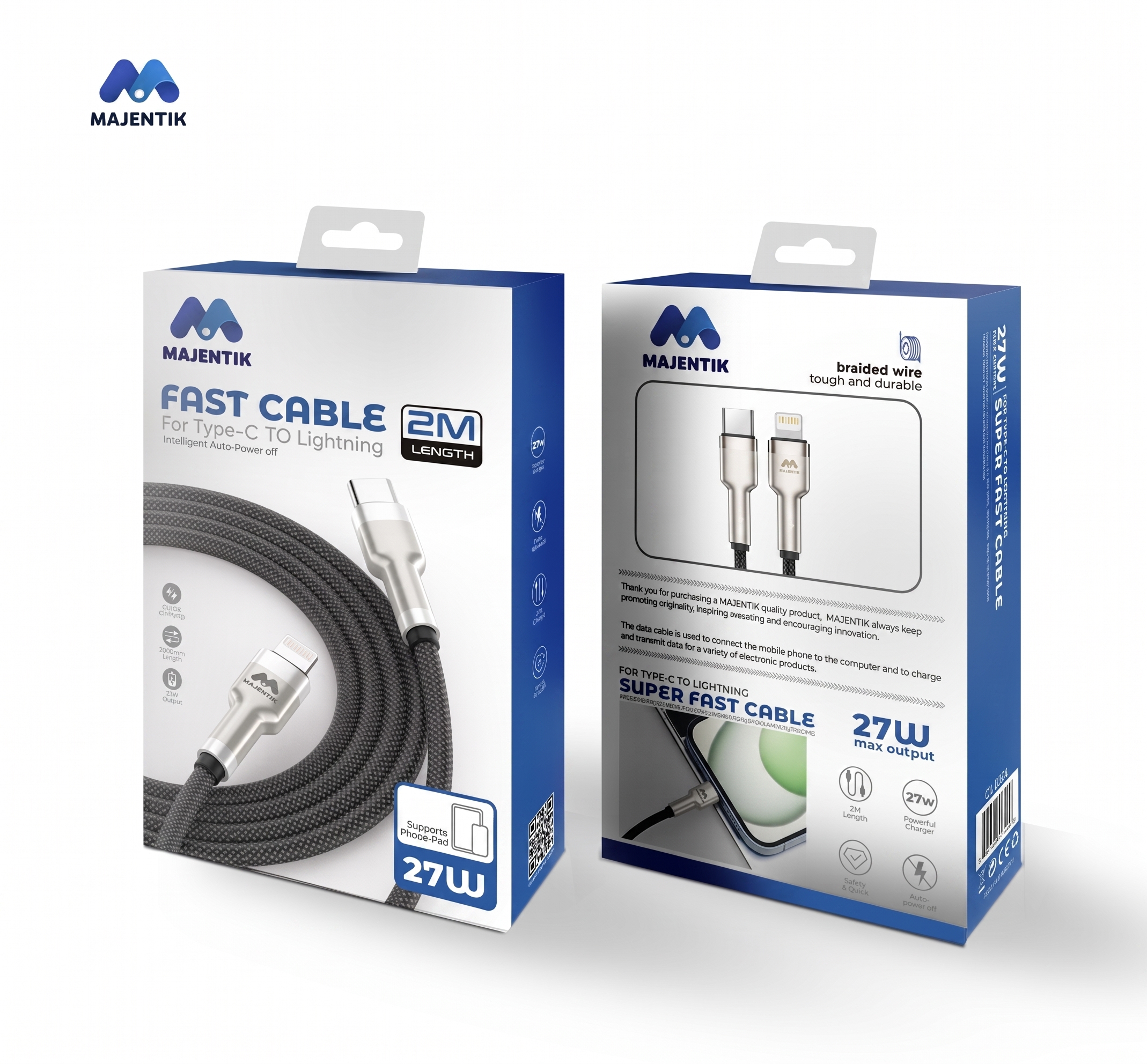 Majentik CL013-L Type-C to Lightning 27W PD Fast Charging Cable, 2 Meter Fabric Braided Cable with Full-Metal Connectors and Auto Power-Off - Black