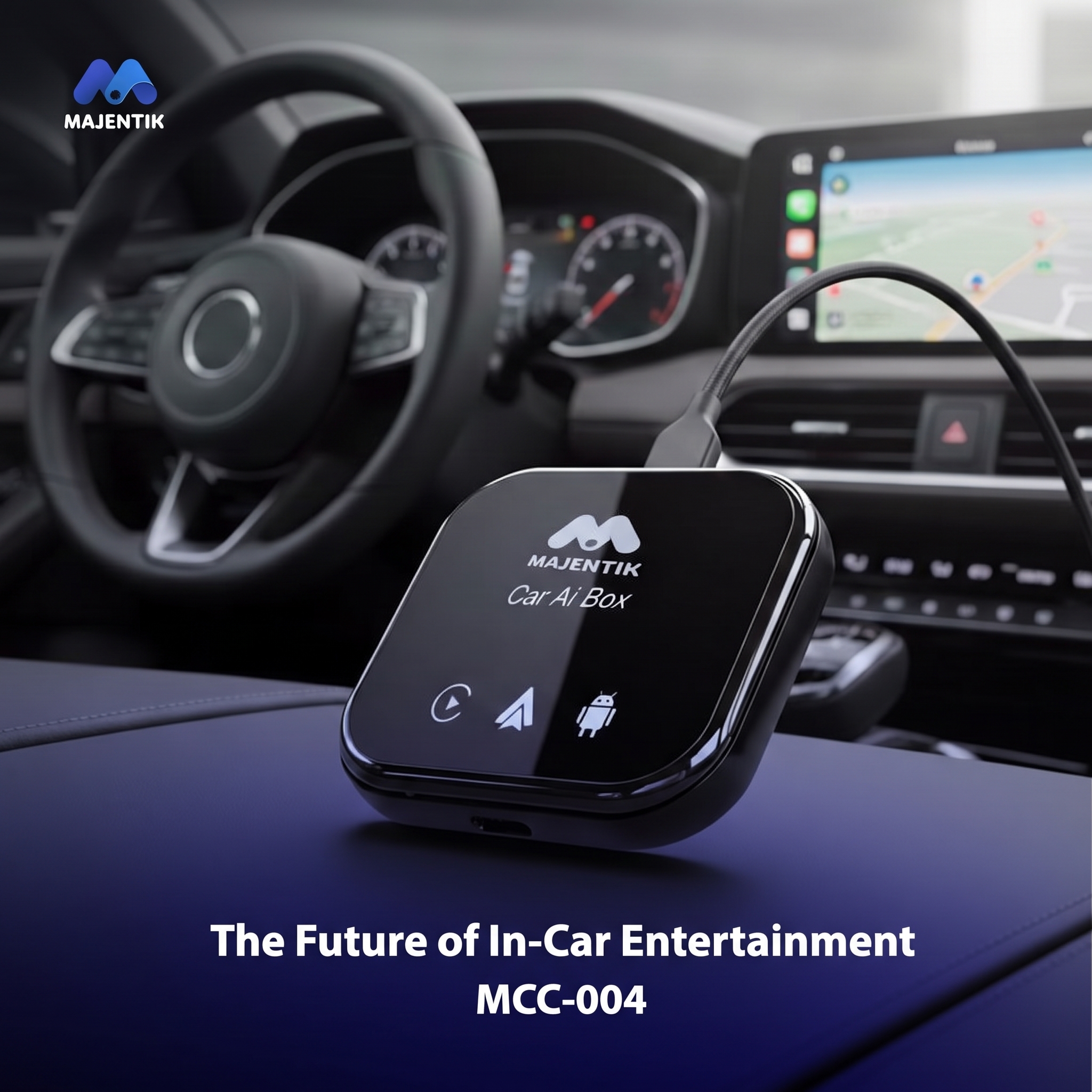 Majentik Car AI Box MCC-004 for Wired CarPlay & Android Auto, Full Android Multimedia Streaming Box with Navigation, Video, Music, Calls, Voice Control & TF/microSD Support - Black