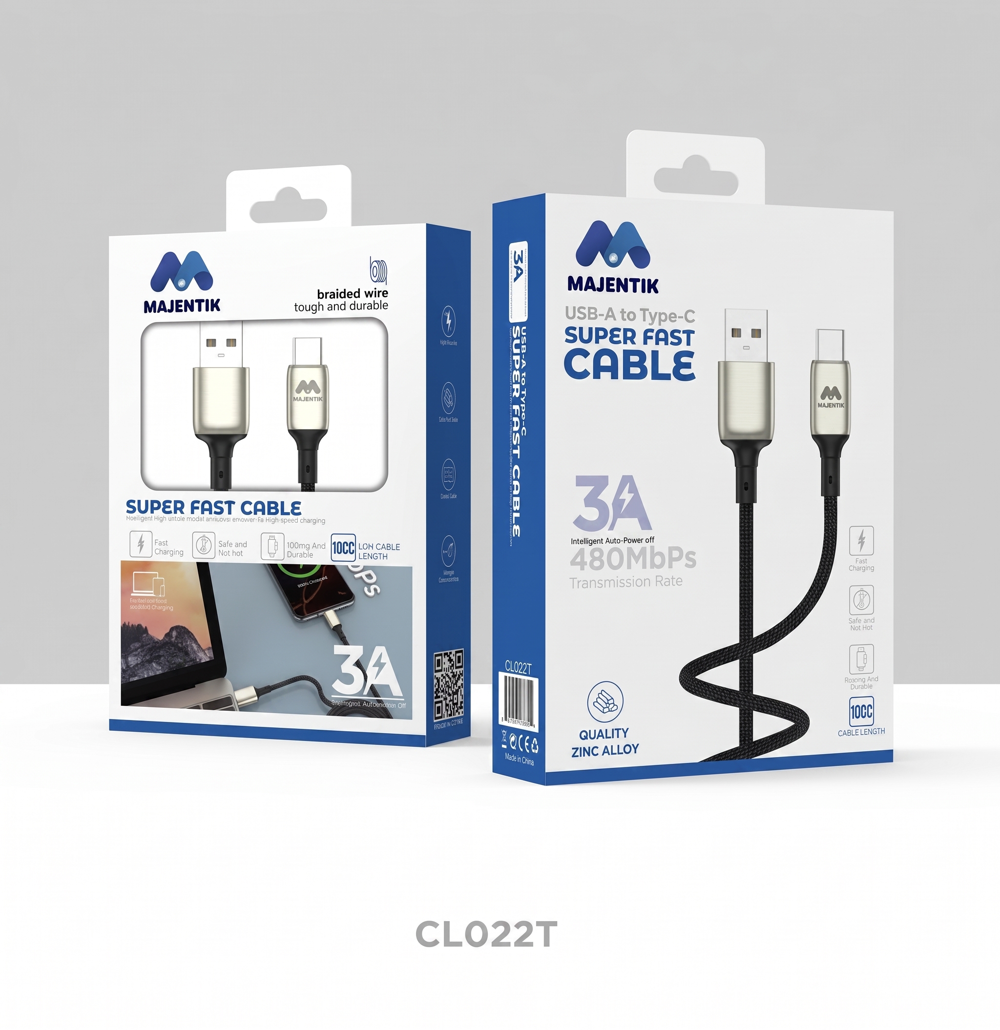 Cable Majentik CL022T USB-A to Type-C, 3A Fast Charging & 480Mbps Data Transfer, 1 Meter Braided Pure Copper Cable with Auto Power-Off - Black