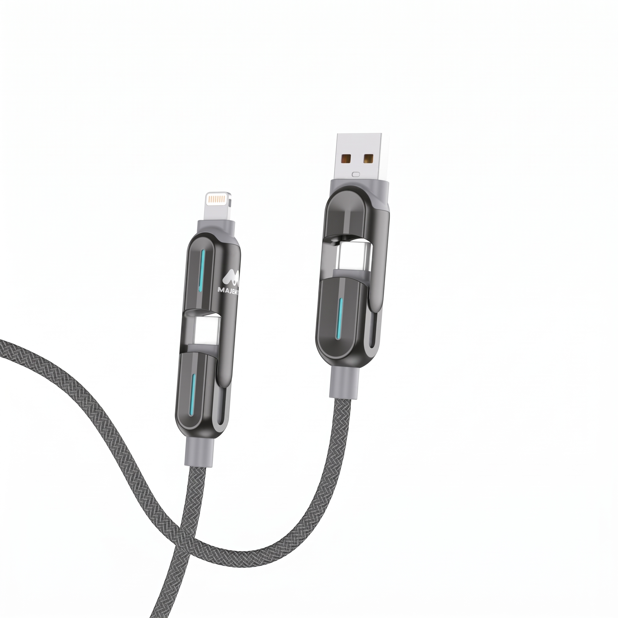 Majentik CL-025 Multi Charger Cable 1.2M, 4-in-1 3A Super Fast Charging Cord 60W, USB-C/USB-A to Lightning & USB-C for iPhone, Galaxy, OnePlus, Xiaomi - Dark Gray