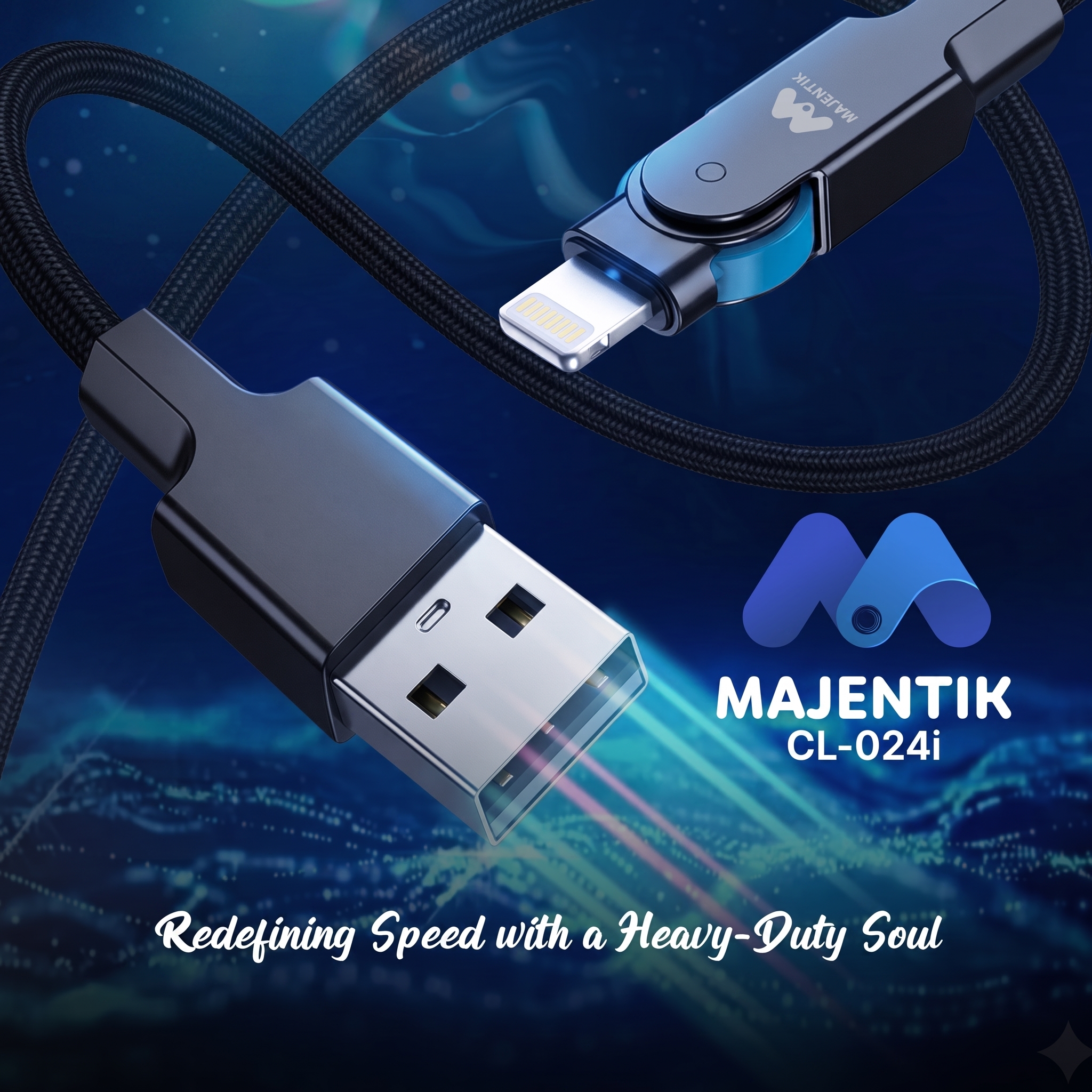 Cable Majentik CL-024i USB-A to Lightning 180° Flexible Super Fast Charging & Data Cable, 2.4A, 480Mbps, 1 Meter, Zinc Alloy Braided Cable - Black