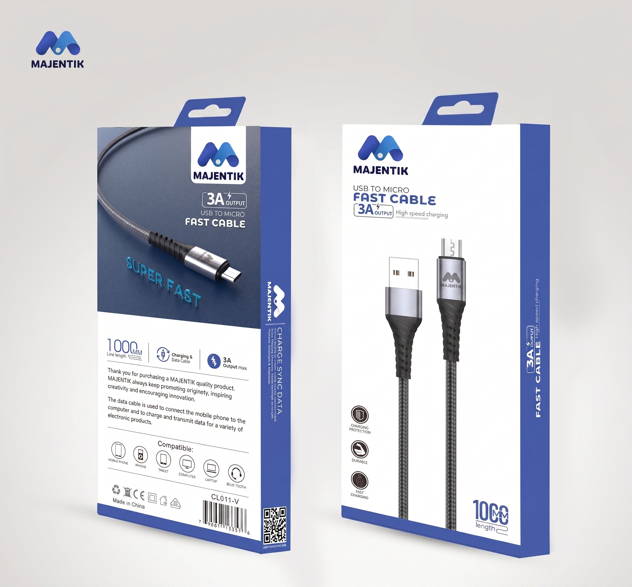 Cable Majentik CL011-V USB to Micro USB Fast Charging, 30W, 3A, 1 Meter Fabric Braided Cable with Metal Connectors - Black