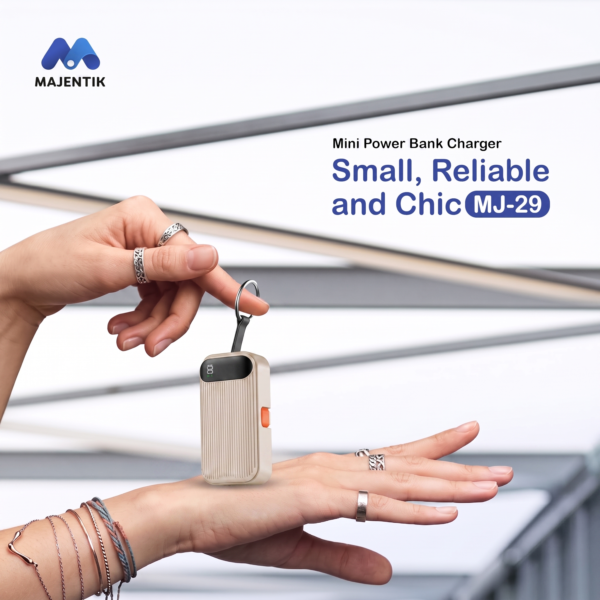 Majentik MJ-29 5000mAh Mini Power Bank with 22.5W Fast Charging, Built-in Type-C & Lightning Cables, Smart Digital Display, PD & QC 3.0, Compact Keyring Design - Titanium