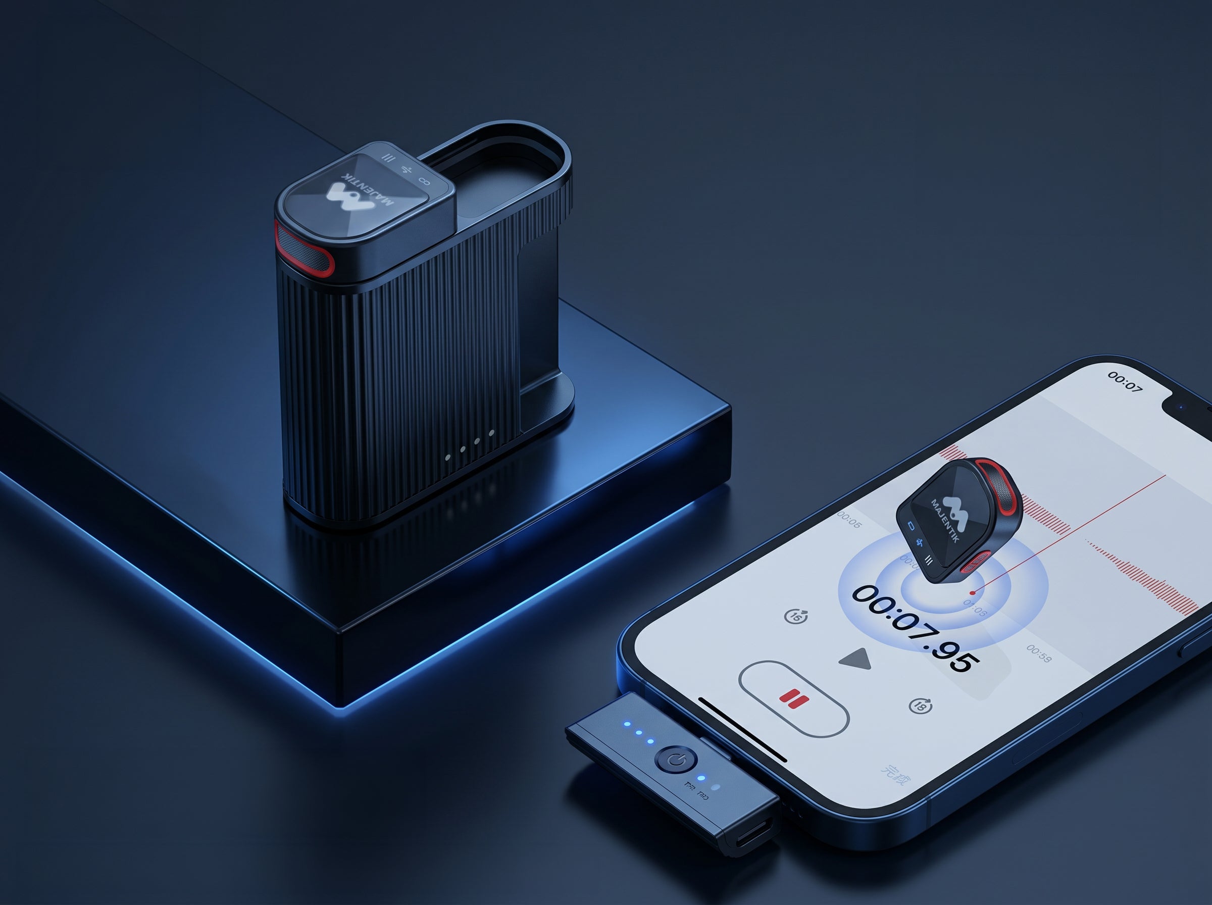 Majentik MM-001 2-in-1 Magnetic Wireless Microphone, 2 Microphones, 2.4GHz, Type-C & iOS Lightning Dual Receiver, 100m Range, Noise Reduction, Volume & Reverb Control - Black