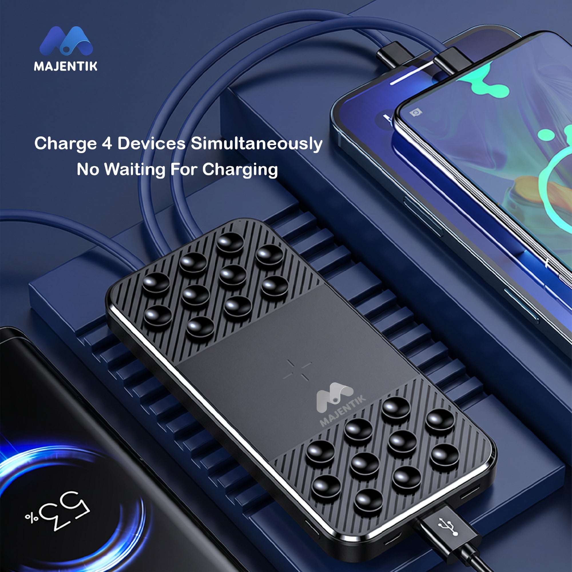 Majentik MJ-32 10000mAh Power Bank with 4 Built-in Cables, Fast Charging, Charge 4 Devices Simultaneously, Suction Cup Phone Holder, LED Battery Display, Built-in Stand & LED Flashlight - Black