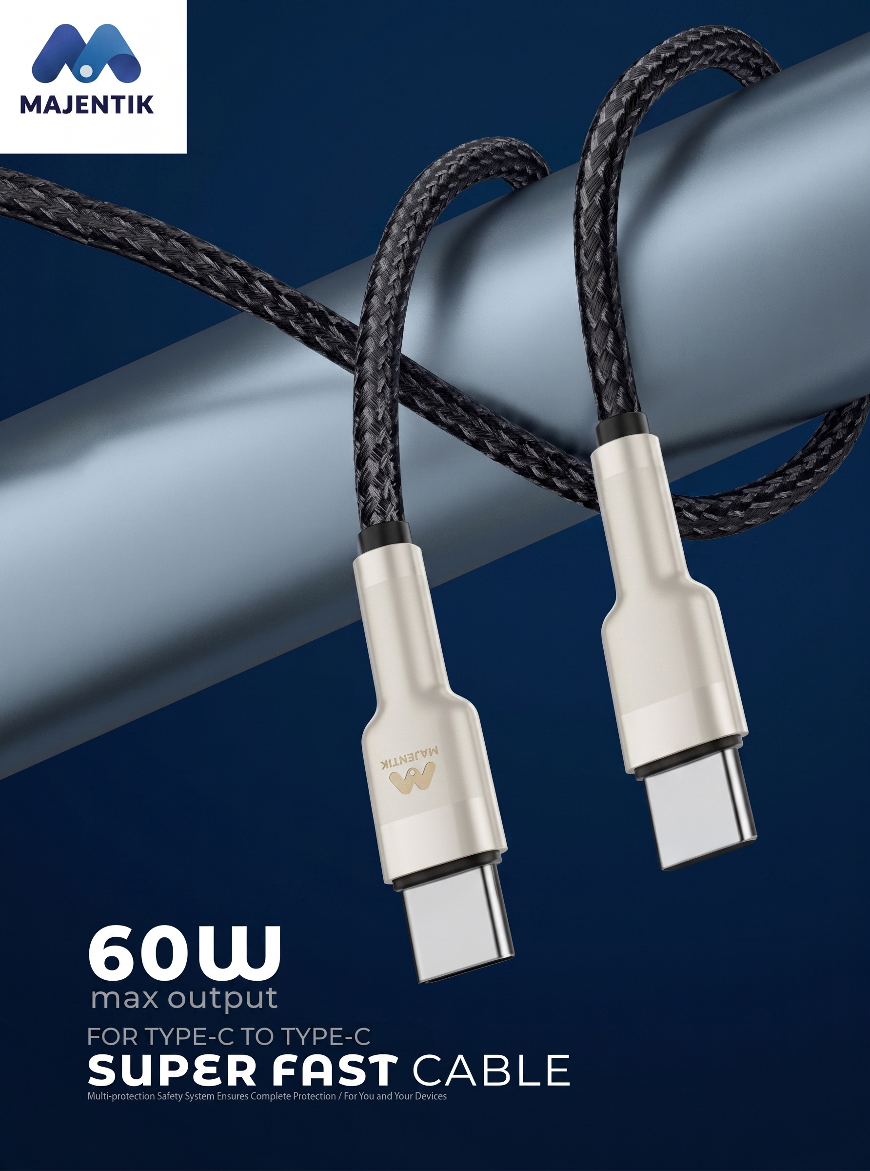 Cable Majentik CL013-C USB-C to USB-C, 60W PD Fast Charging, 2 Meter Fabric Braided Cable with Full-Metal Connectors with Auto Power-Off - Black