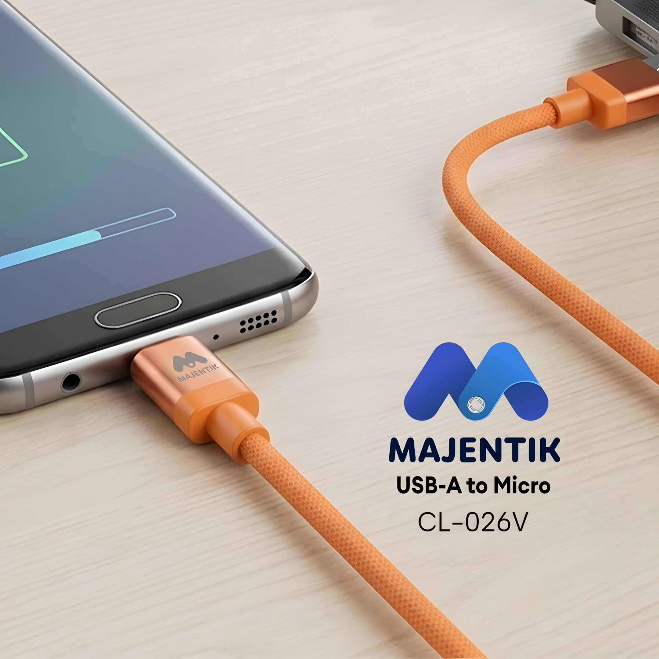 Cable Majentik CL-026 V USB-A to Micro USB Fast Charging & Data Cable, Up to 3A, 1 Meter, 480Mbps High-Speed Data Transfer - Orange