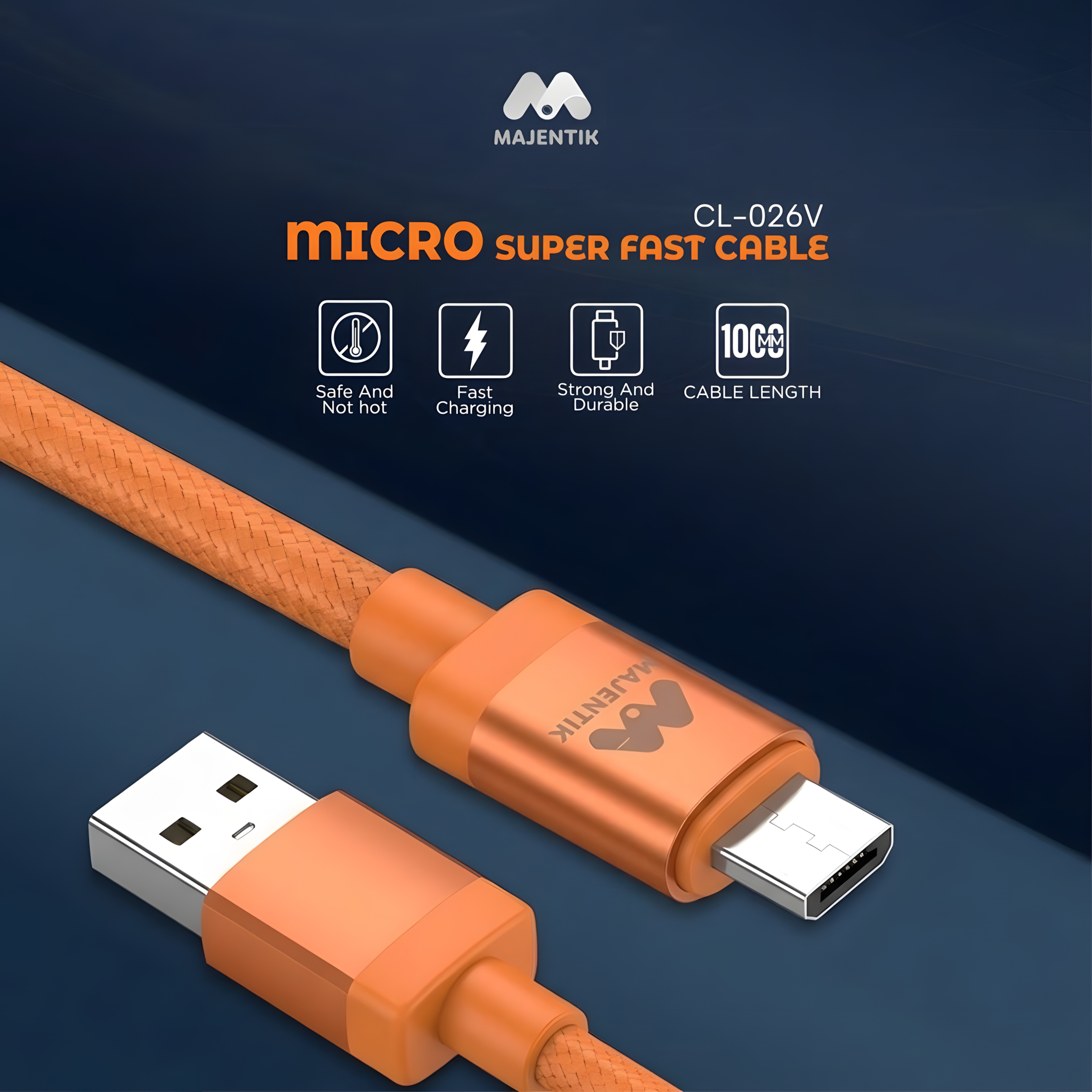 Cable Majentik CL-026 V USB-A to Micro USB Fast Charging & Data Cable, Up to 3A, 1 Meter, 480Mbps High-Speed Data Transfer - Orange