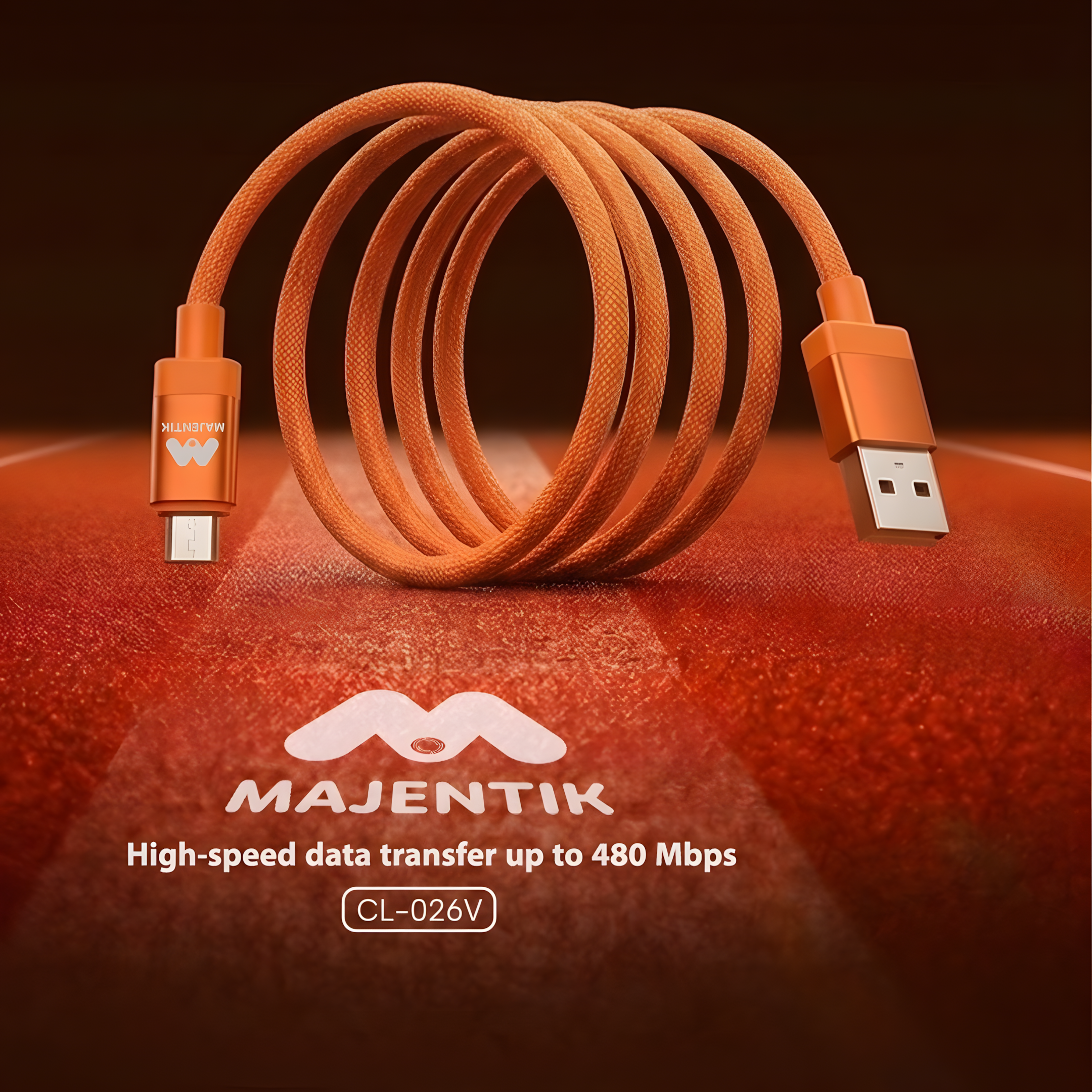Cable Majentik CL-026 V USB-A to Micro USB Fast Charging & Data Cable, Up to 3A, 1 Meter, 480Mbps High-Speed Data Transfer - Orange