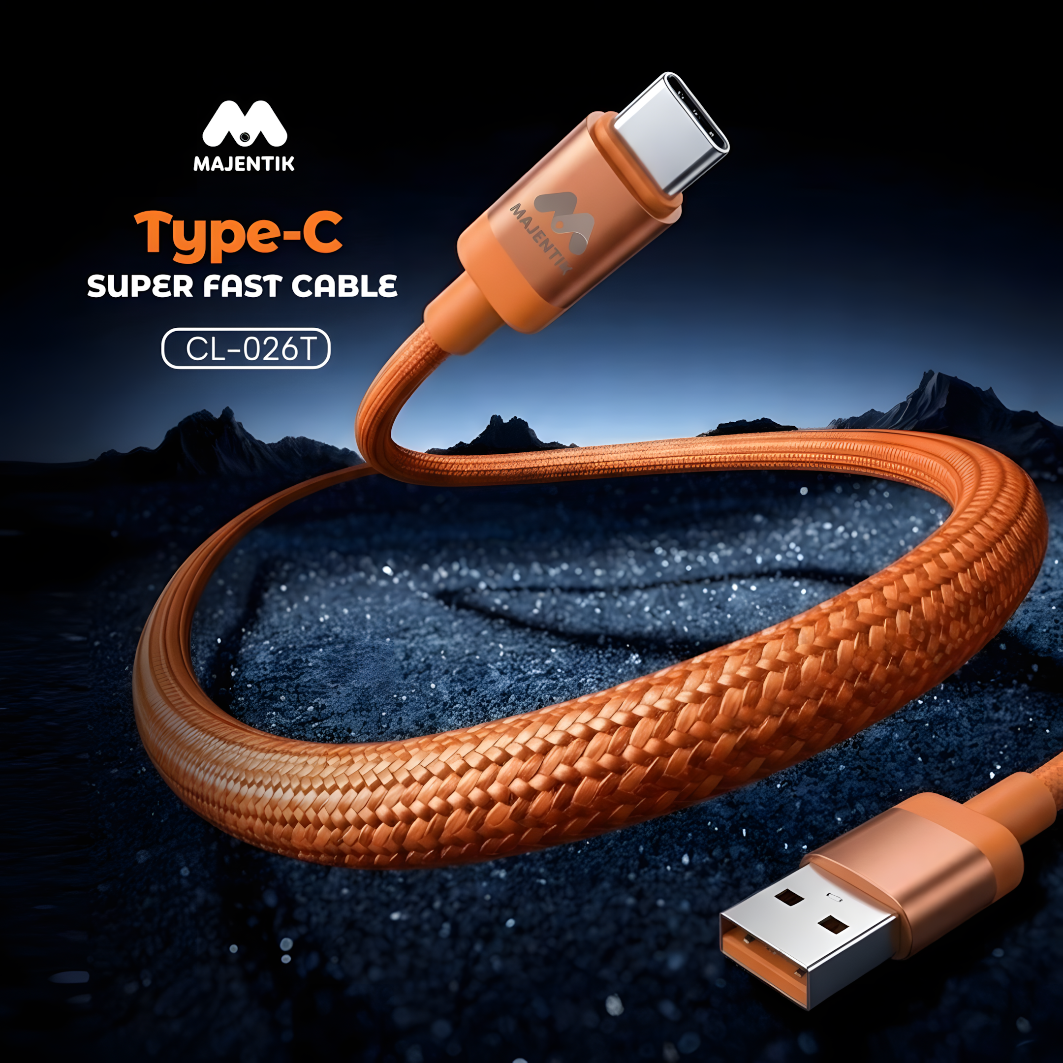 Cable Majentik CL-026T USB to Type-C Fast Charging & Data Cable, 3A, 1 Meter, Durable Anti-Tangle Design - Orange