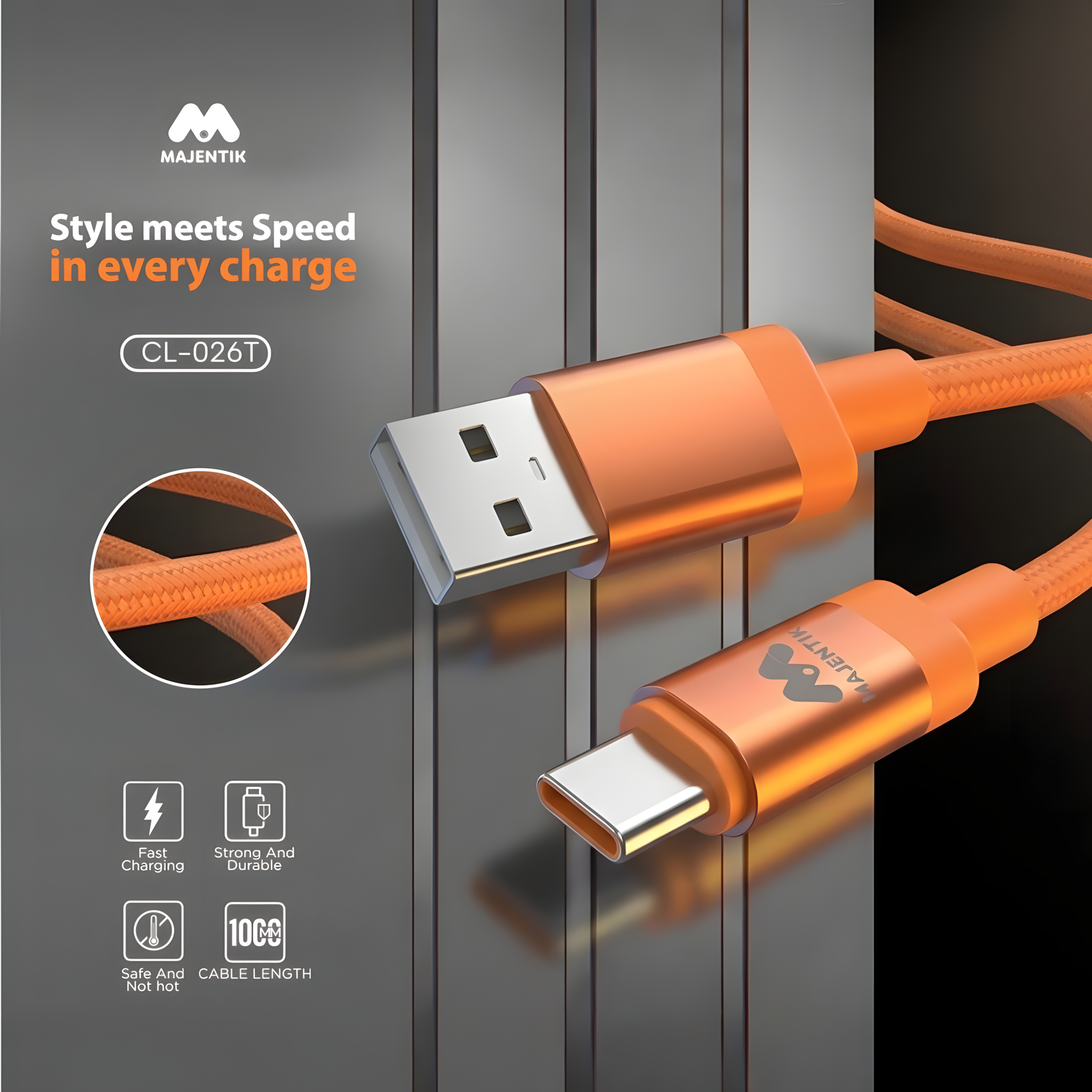 Cable Majentik CL-026T USB to Type-C Fast Charging & Data Cable, 3A, 1 Meter, Durable Anti-Tangle Design - Orange