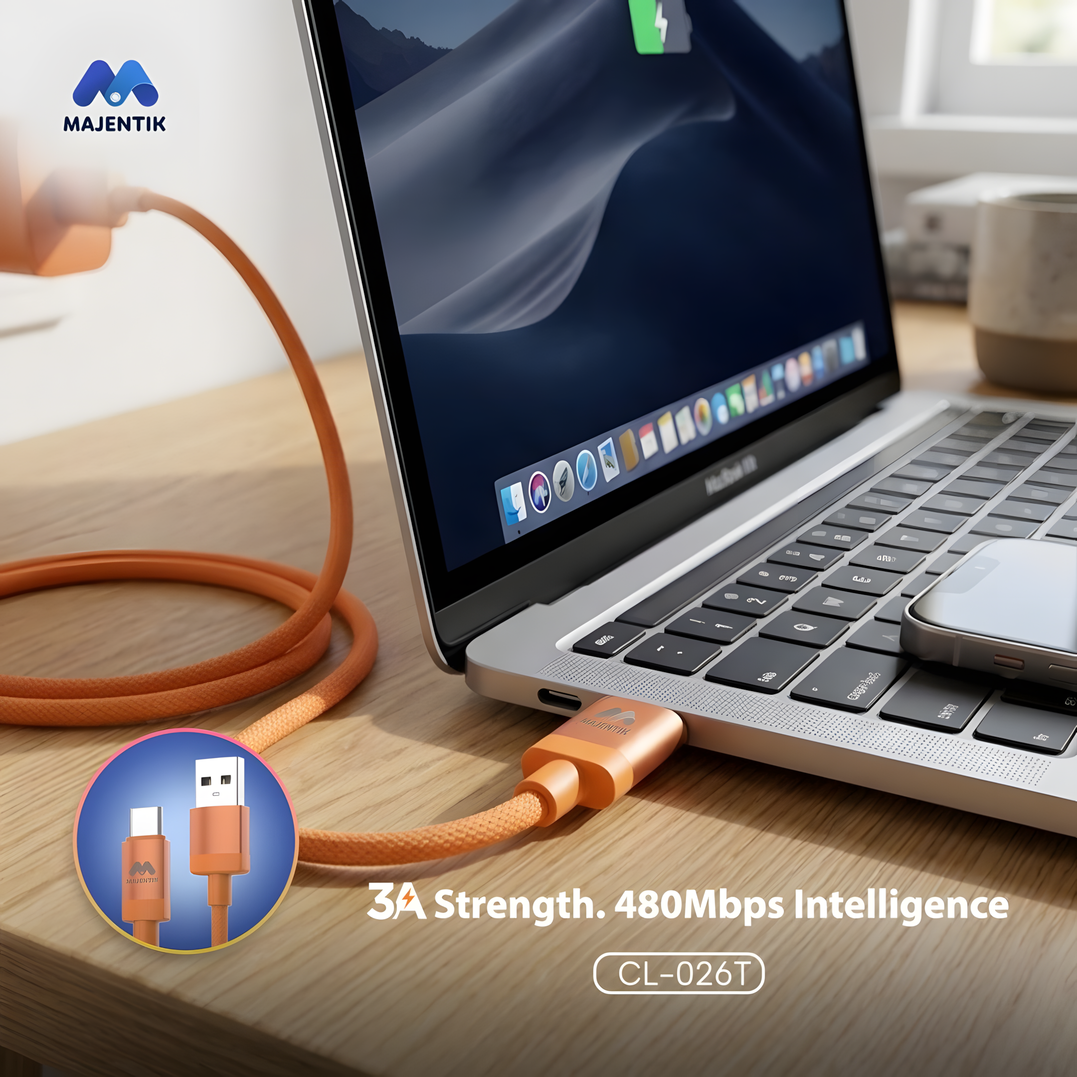 Cable Majentik CL-026T USB to Type-C Fast Charging & Data Cable, 3A, 1 Meter, Durable Anti-Tangle Design - Orange
