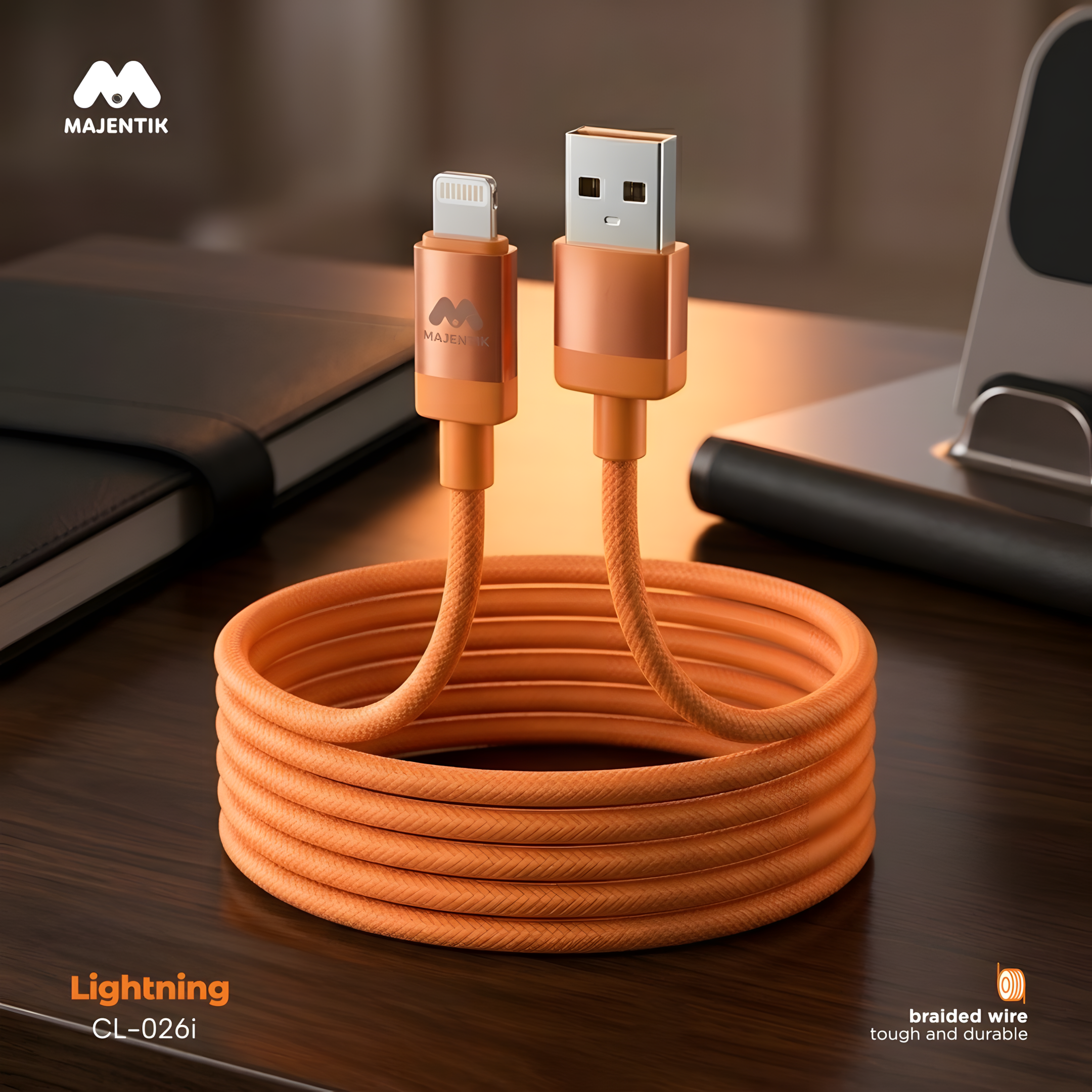 Cable Majentik CL-026i USB to Lightning Cable, 1 Meter, 2.4A Charging & Data Transfer, Flat Anti-Tangle Design - Orange