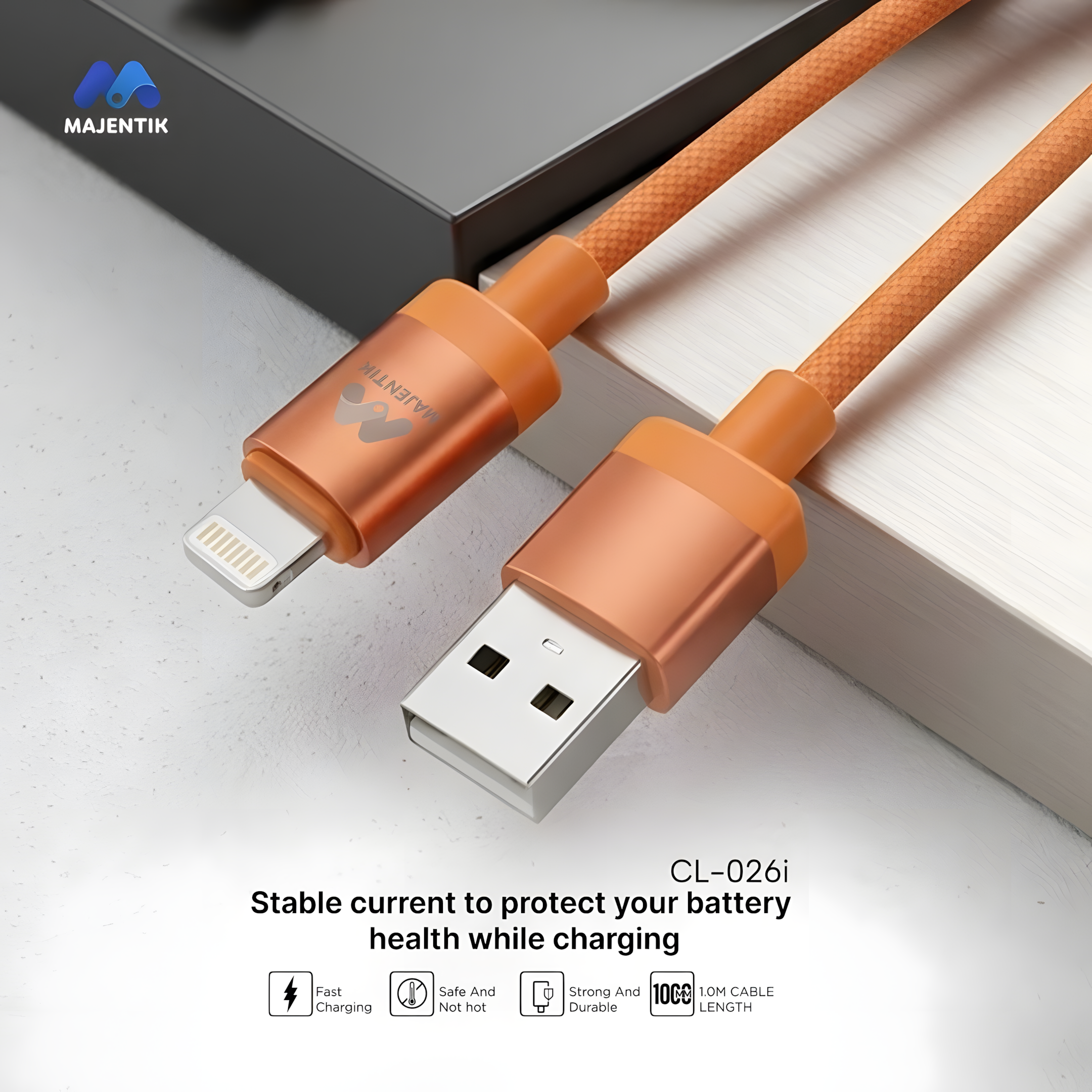 Cable Majentik CL-026i USB to Lightning Cable, 1 Meter, 2.4A Charging & Data Transfer, Flat Anti-Tangle Design - Orange