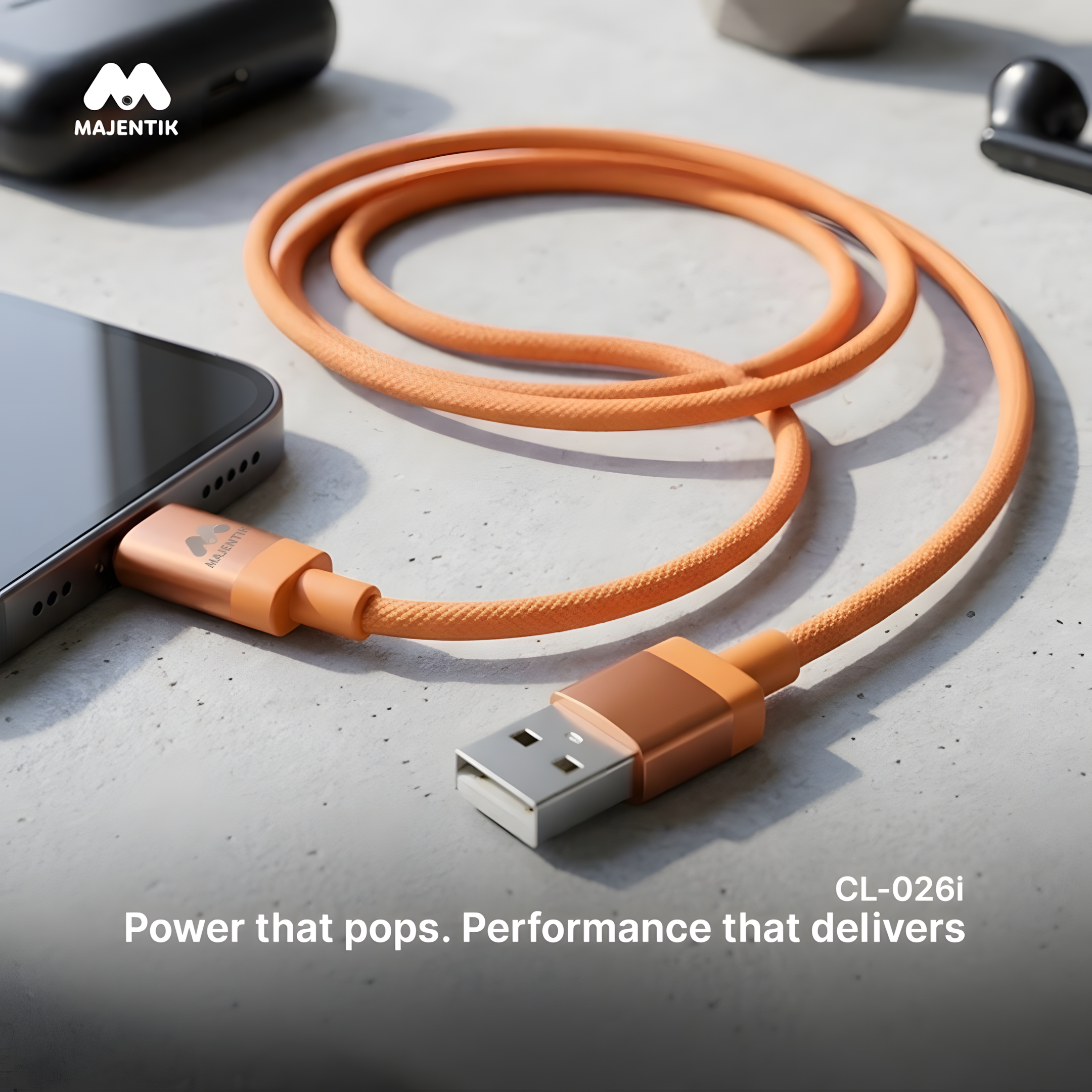 Cable Majentik CL-026i USB to Lightning Cable, 1 Meter, 2.4A Charging & Data Transfer, Flat Anti-Tangle Design - Orange