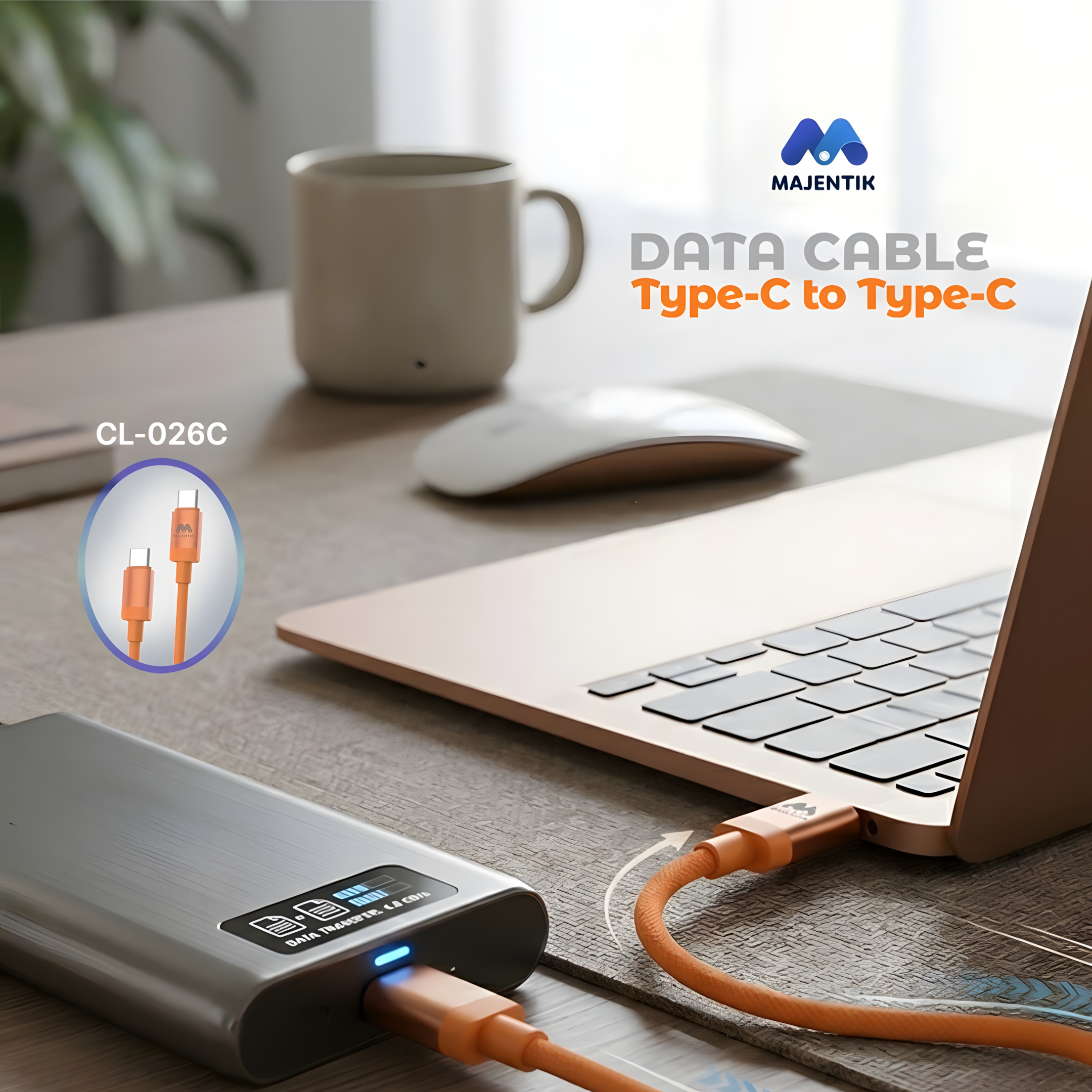 Cable Majentik CL-026C USB-C to USB-C, 60W Fast Charging & 480Mbps Data Transfer, 1M - Orange