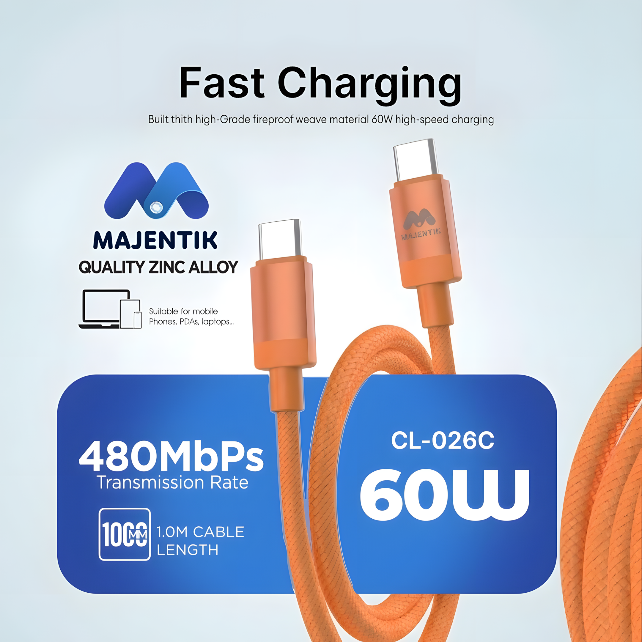 Cable Majentik CL-026C USB-C to USB-C, 60W Fast Charging & 480Mbps Data Transfer, 1M - Orange