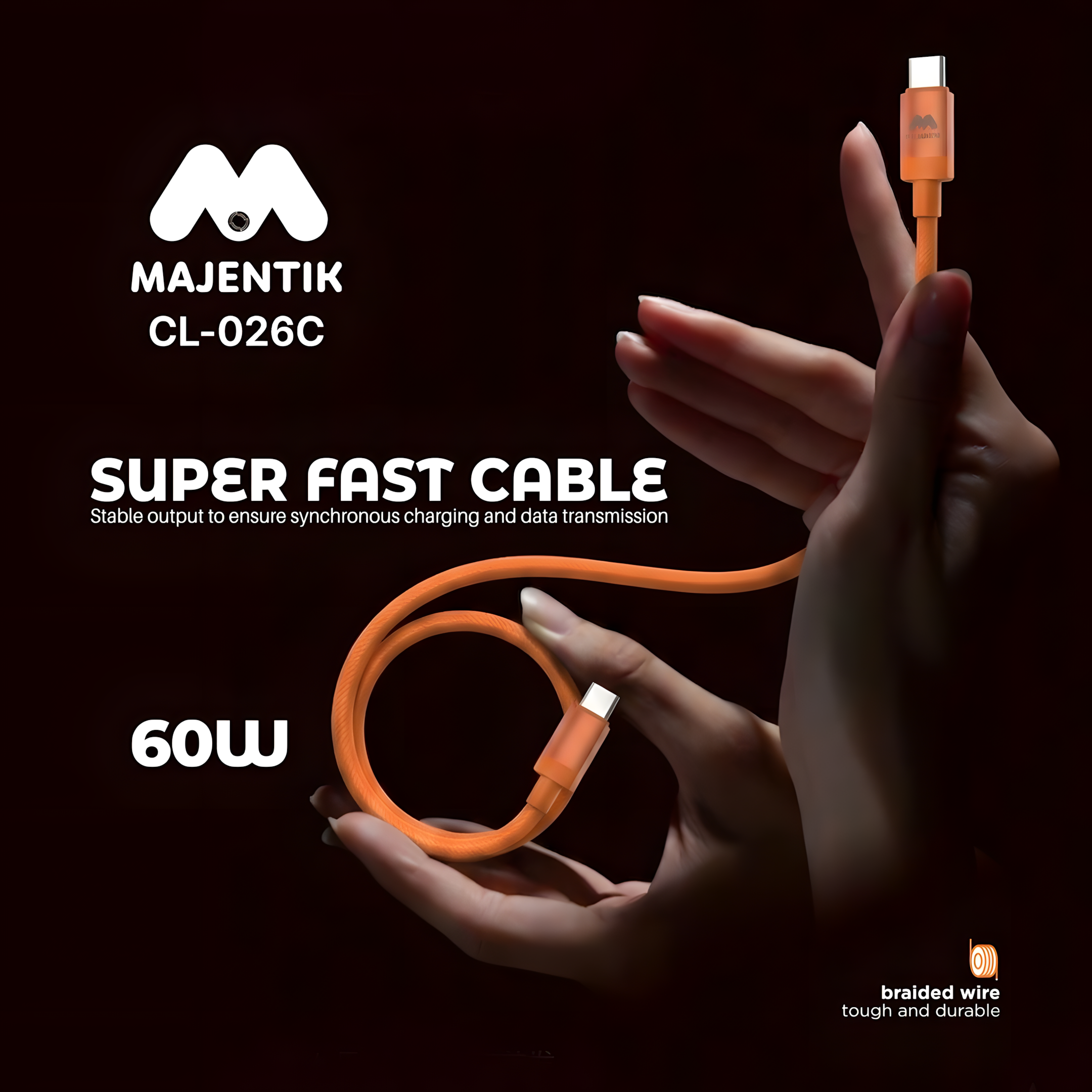 Cable Majentik CL-026C USB-C to USB-C, 60W Fast Charging & 480Mbps Data Transfer, 1M - Orange
