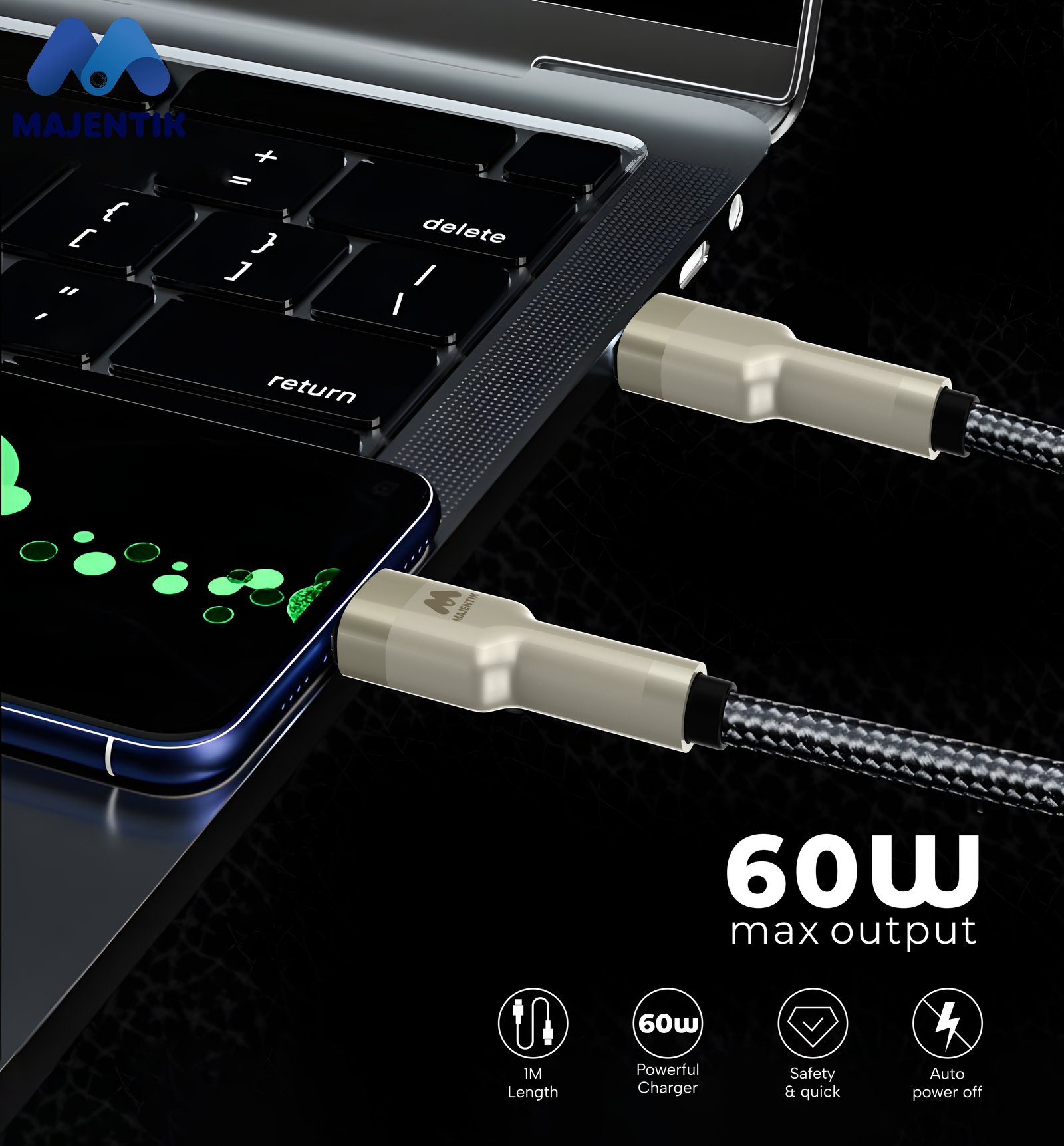 Cable Majentik CL010-C USB-C to USB-C, 60W PD Fast Charging, 1 Meter Fabric Braided Cable with Full-Metal Connectors with Auto Power-Off - Black