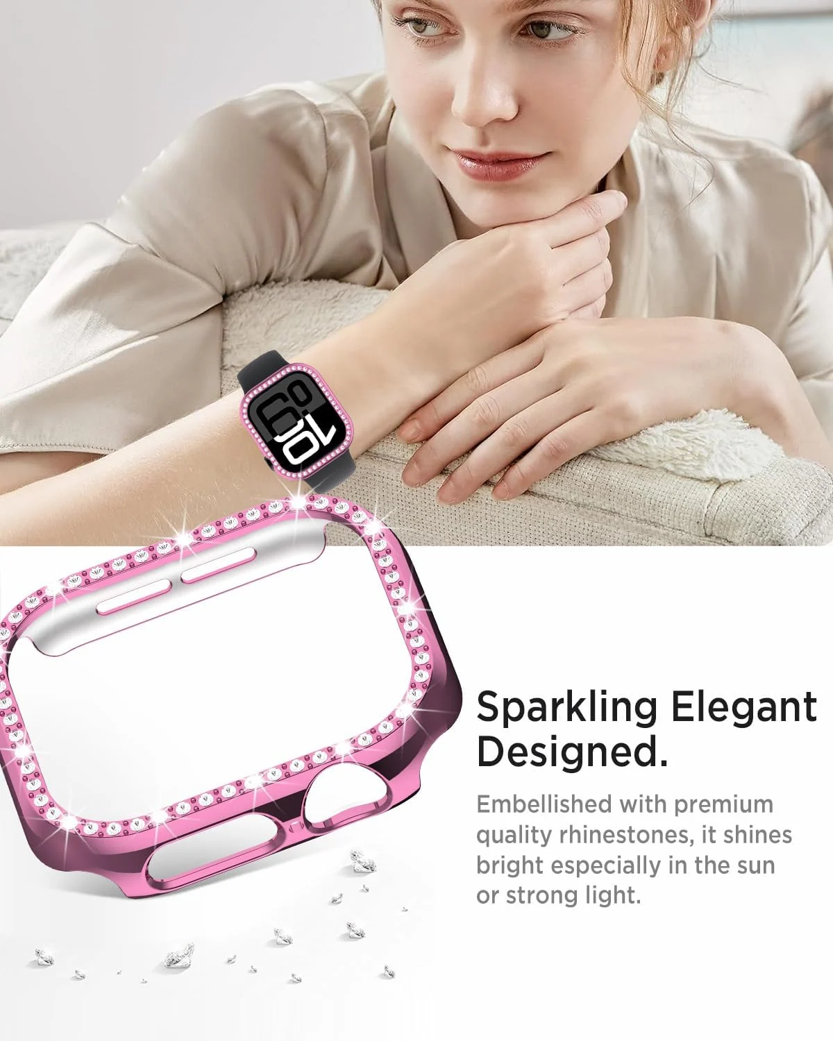 DL3 Mobilak Bling Case Without screen protector for Apple Watch Series 10 46mm, Hard PC Frame Case, Crystal Diamonds Bumper Cover for Women Girls, Slim Protective Cover for iWatch 10 46mm - Pink