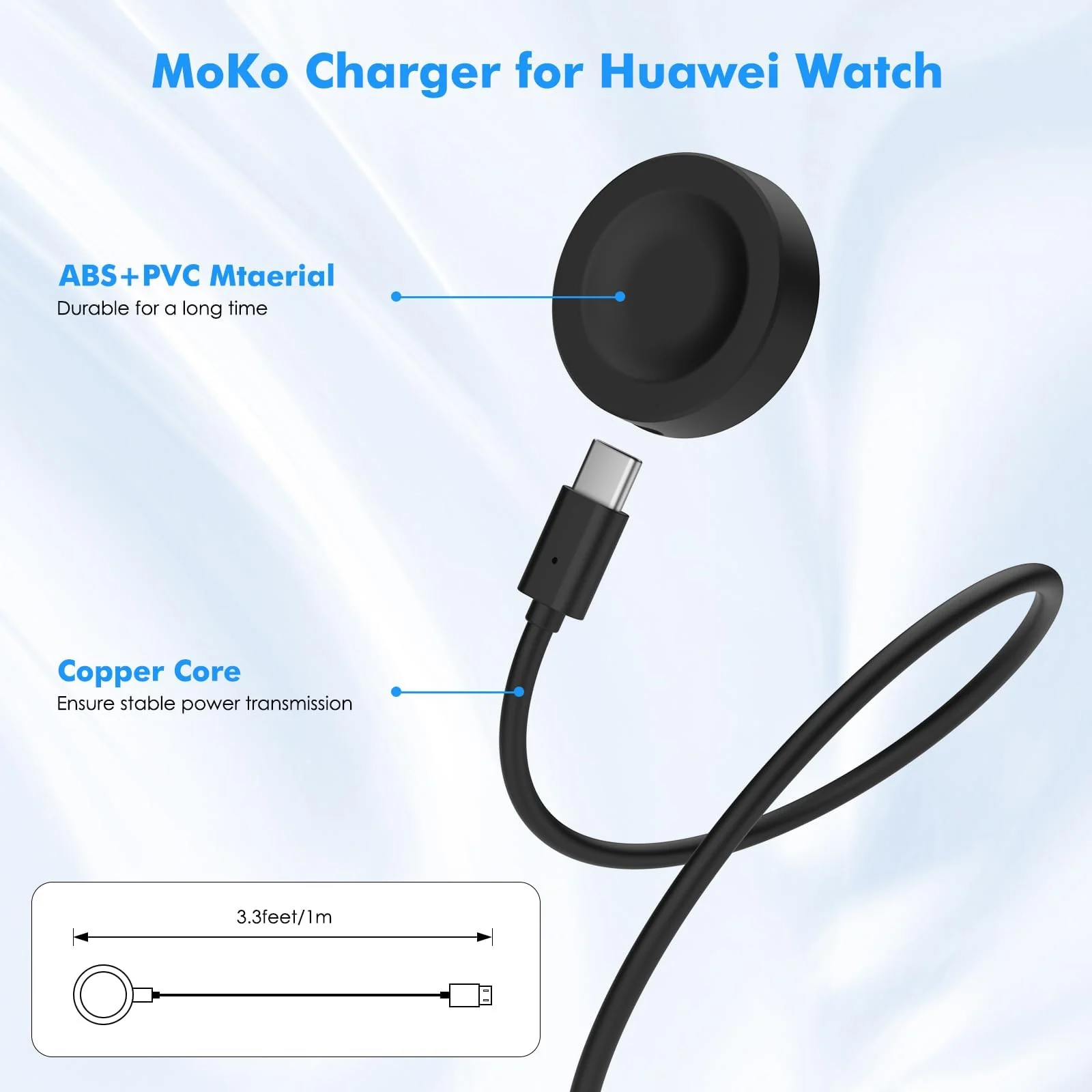 DL3 Mobilak Magnetic Charger Compatible with Huawei Watch GT5/GT4/GT3/GT3 Pro/GT3 SE/GT2 Pro/Watch 4/4 Pro/Watch3/3 Pro/GT Runner, Portable Charger Dock with a Separate 100 cm Charging Cable Cord - Black