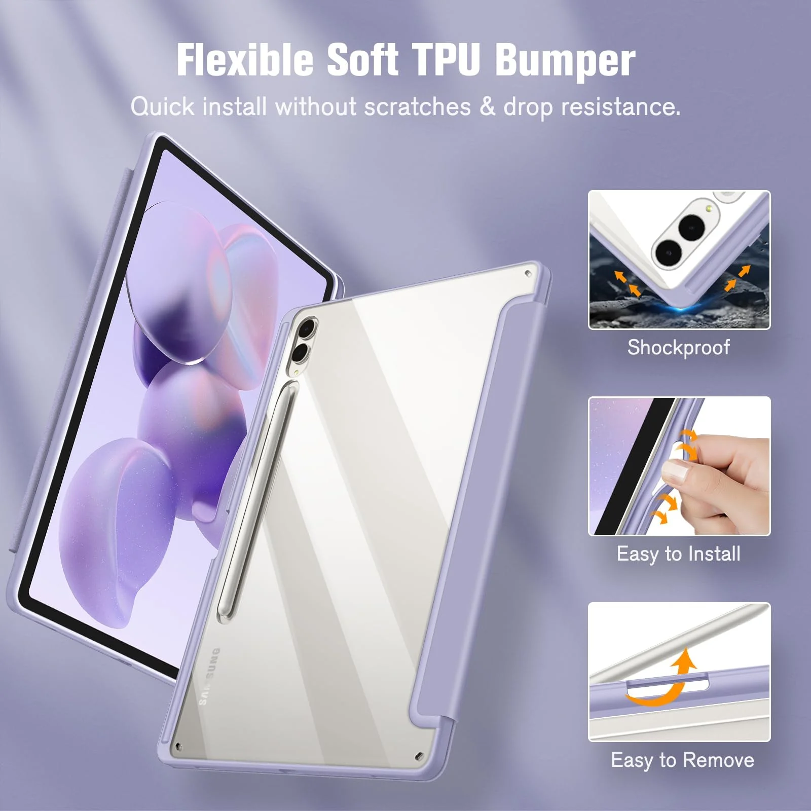 DL3 Mobilak Hybrid Slim Case for Samsung Galaxy Tab S8 Plus 2022/S7 FE 2021/S7 Plus 2020 12.4 Inch with S Pen Holder, Shockproof Cover with Clear Transparent Back Shell, Auto Wake/Sleep - Lilac Purple