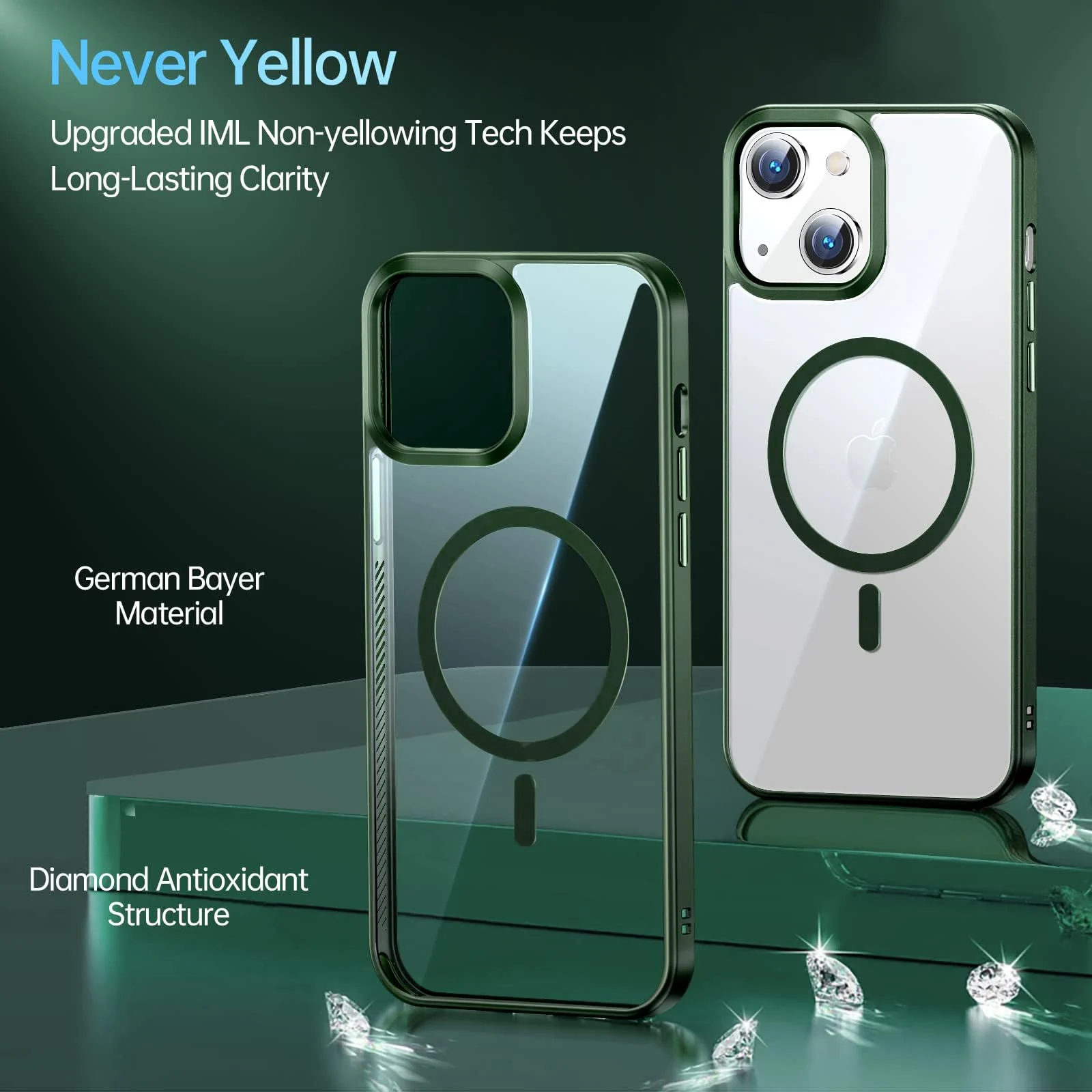 DL3 Mobilak Clear TPU Case for iPhone 14 (6.1 Inch), Compatible with MagSafe accessories, Shock-absorbing protection, Anti-fingerprint finish - Green