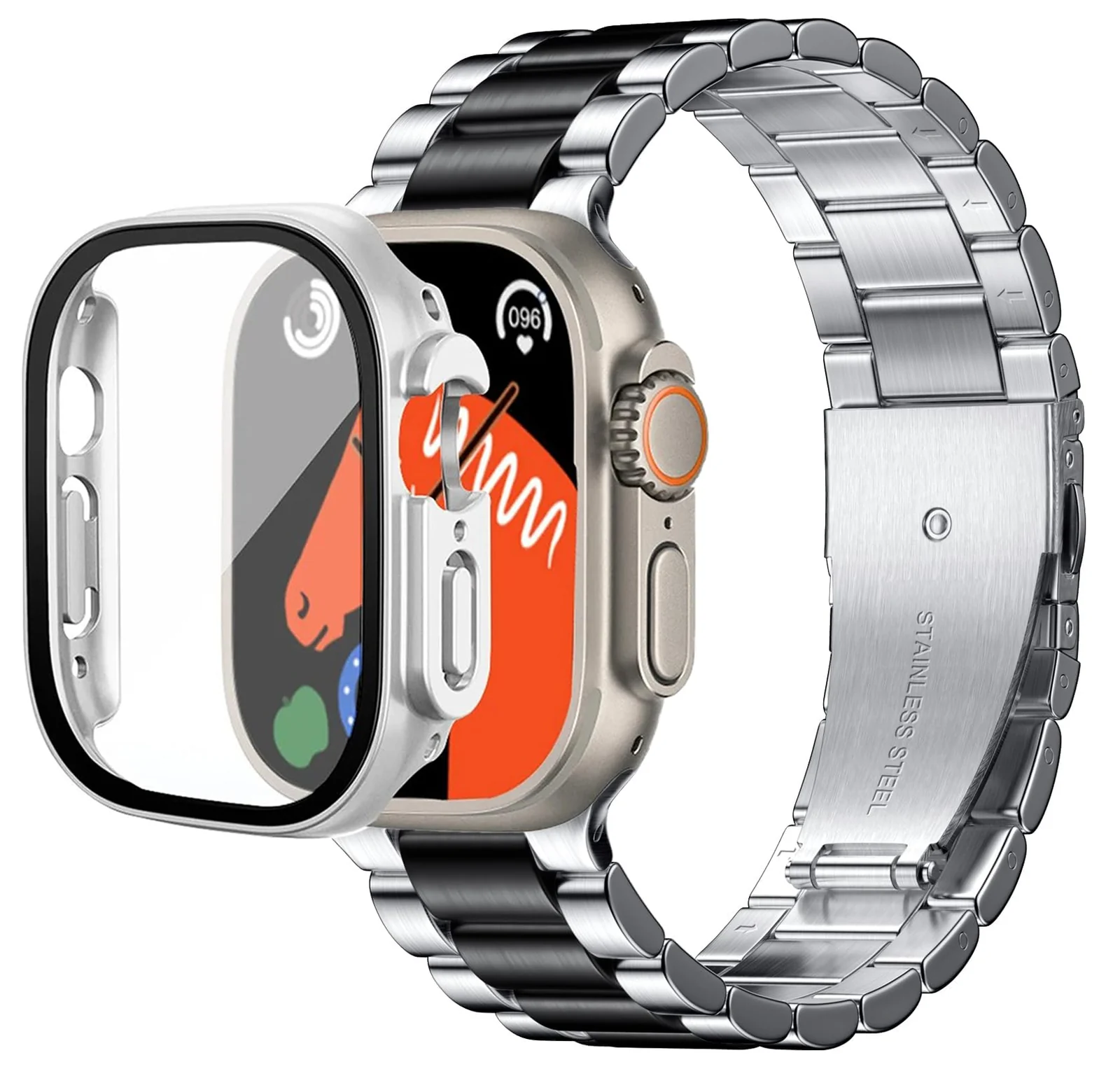 DL3 Mobilak Stainless Steel Band with Case Compatible with Apple Watch Ultra 49mm, Men Woman Business Metal Strap with Protective Bumper Cover for Apple Watch Ultra 2 Ultra 49mm - Silver Black