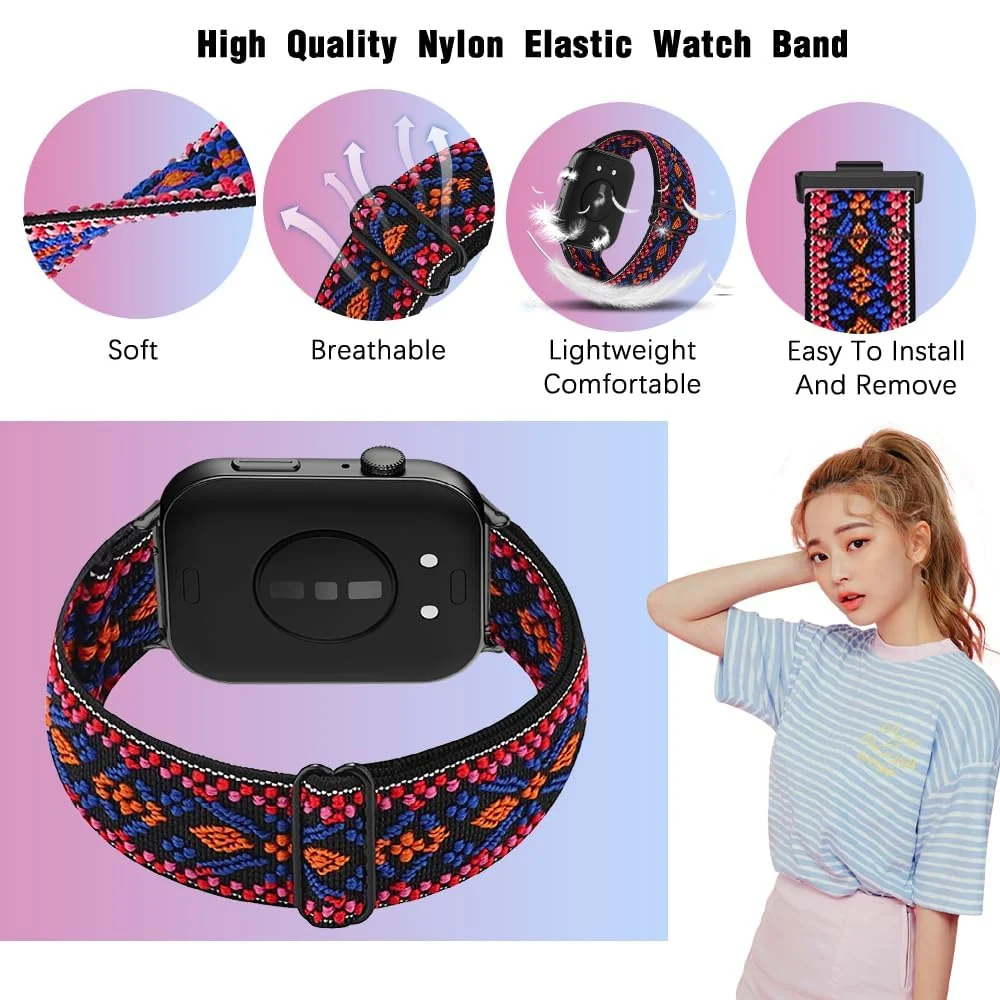 DL3 Mobilak Nylon Strap For Redmi Watch 4/Redmi Watch 5/Xiaomi Smart Band 8 Pro/Band 9 Pro, Soft Elastic Nylon Straps, Adjustable Stretchy Sports Replacement Bracelets Wristbands for Women Men - Bohemia Red