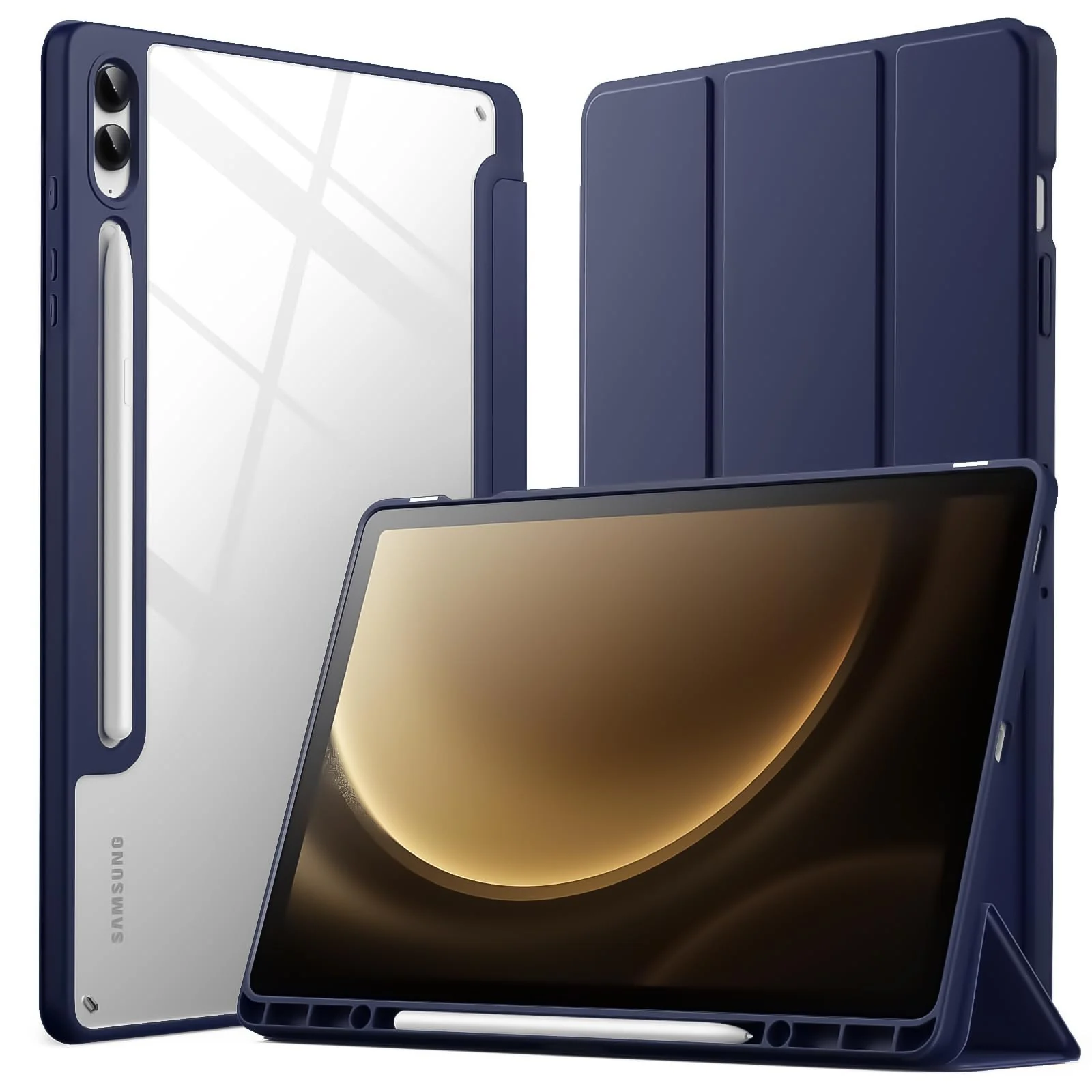 DL3 Mobilak Hybrid Slim Case for Samsung Galaxy Tab S9 FE+ / S9 FE Plus 12.4-Inch with S Pen Holder, Shockproof Cover with Clear Transparent Back Shell, Auto Wake/Sleep - Dark Blue