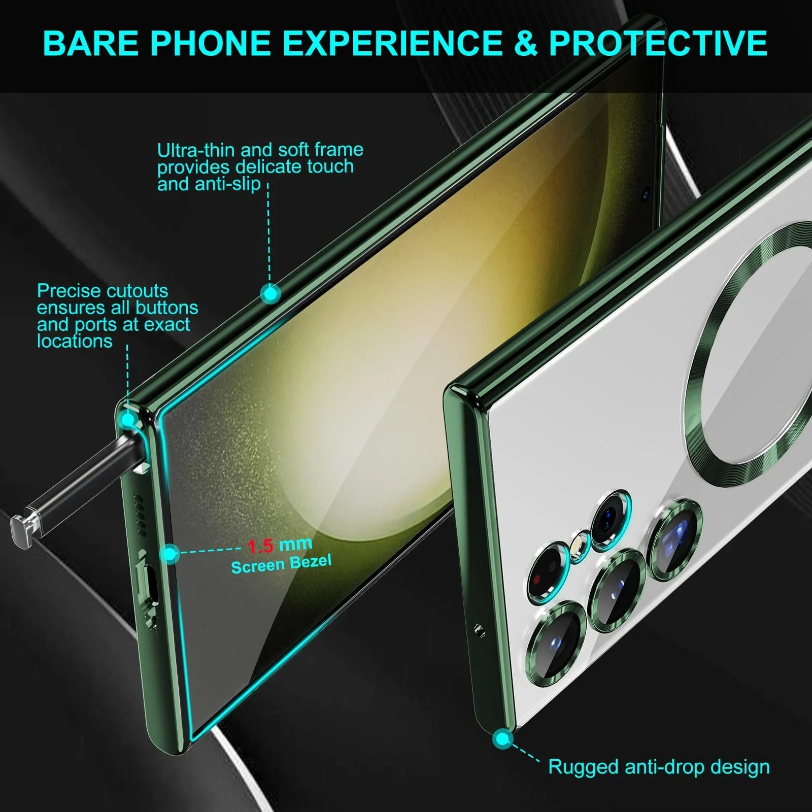 DL3 Mobilak Clear MagSafe-Compatible Magnetic Case for Samsung Galaxy S23 Ultra with Camera Protection - Green