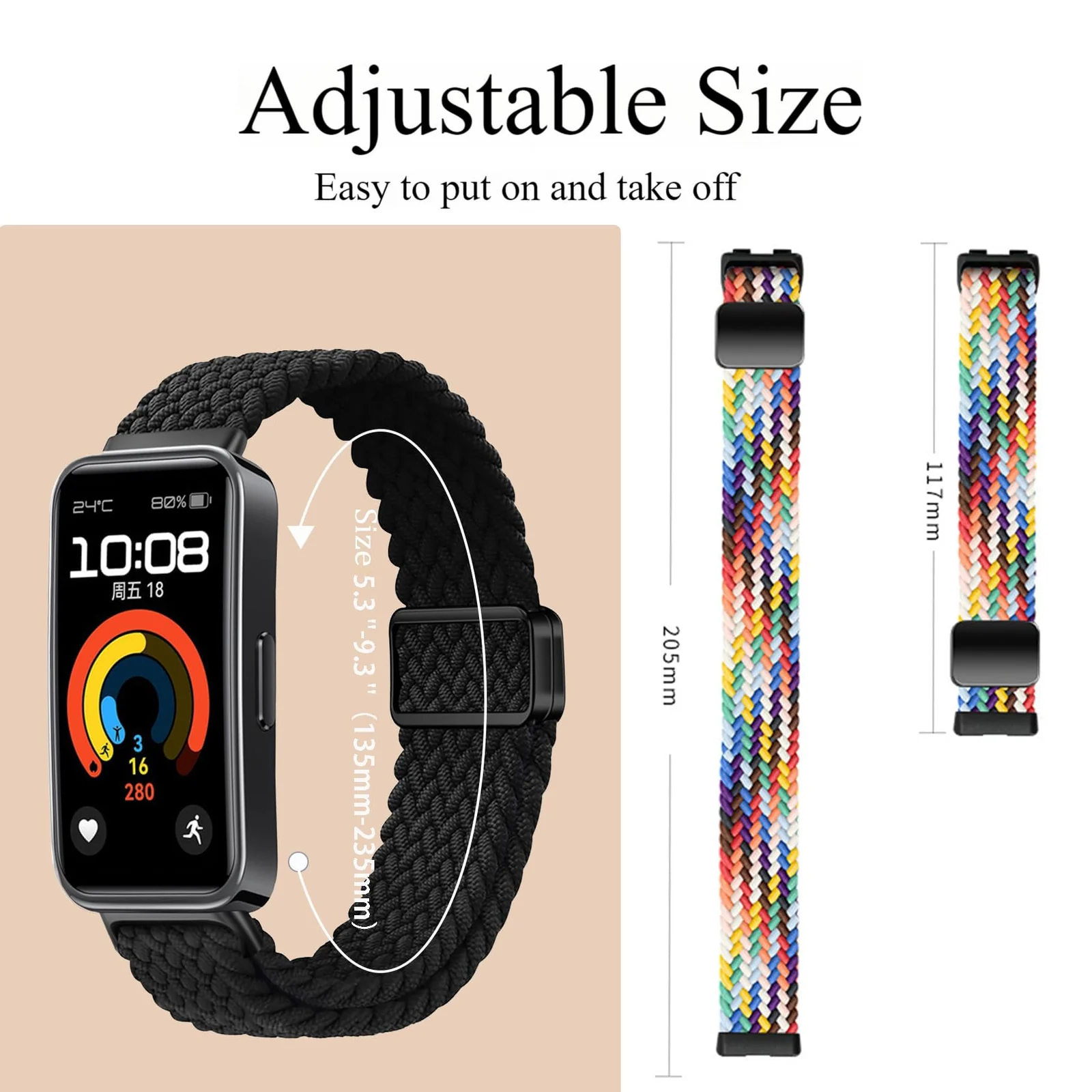 DL3 Mobilak Braided Strap for Huawei Band 9/Huawei Band 8 for Men Women, Adjustable Nylon Sport Elastic Loop Band with Magnetic Clasp for Huawei Band 9/Huawei Band 8 Smartband - Black