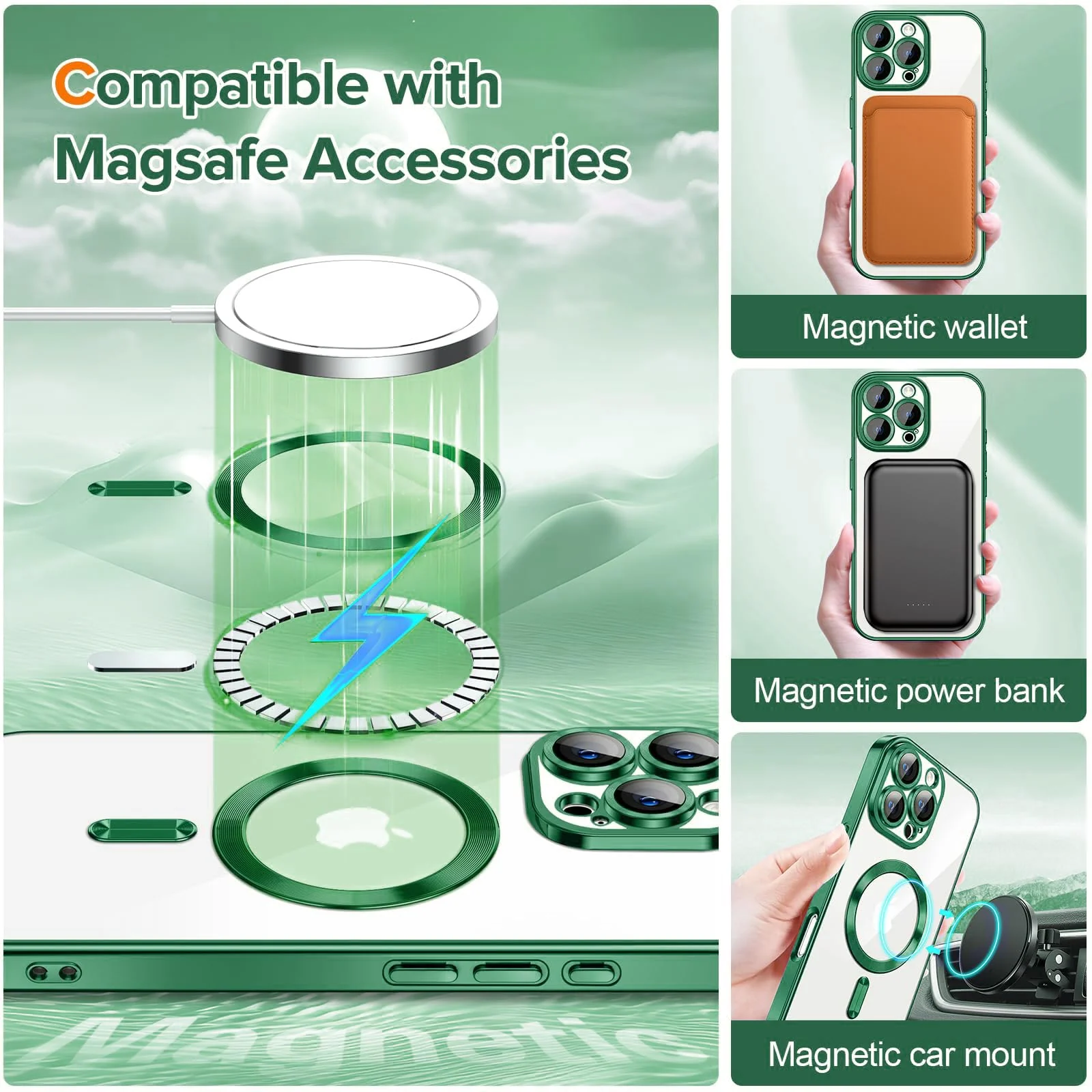 DL3 Mobilak Clear MagSafe-Compatible Magnetic Case for iPhone 16 Pro with Camera Protection and Shockproof Design - Green