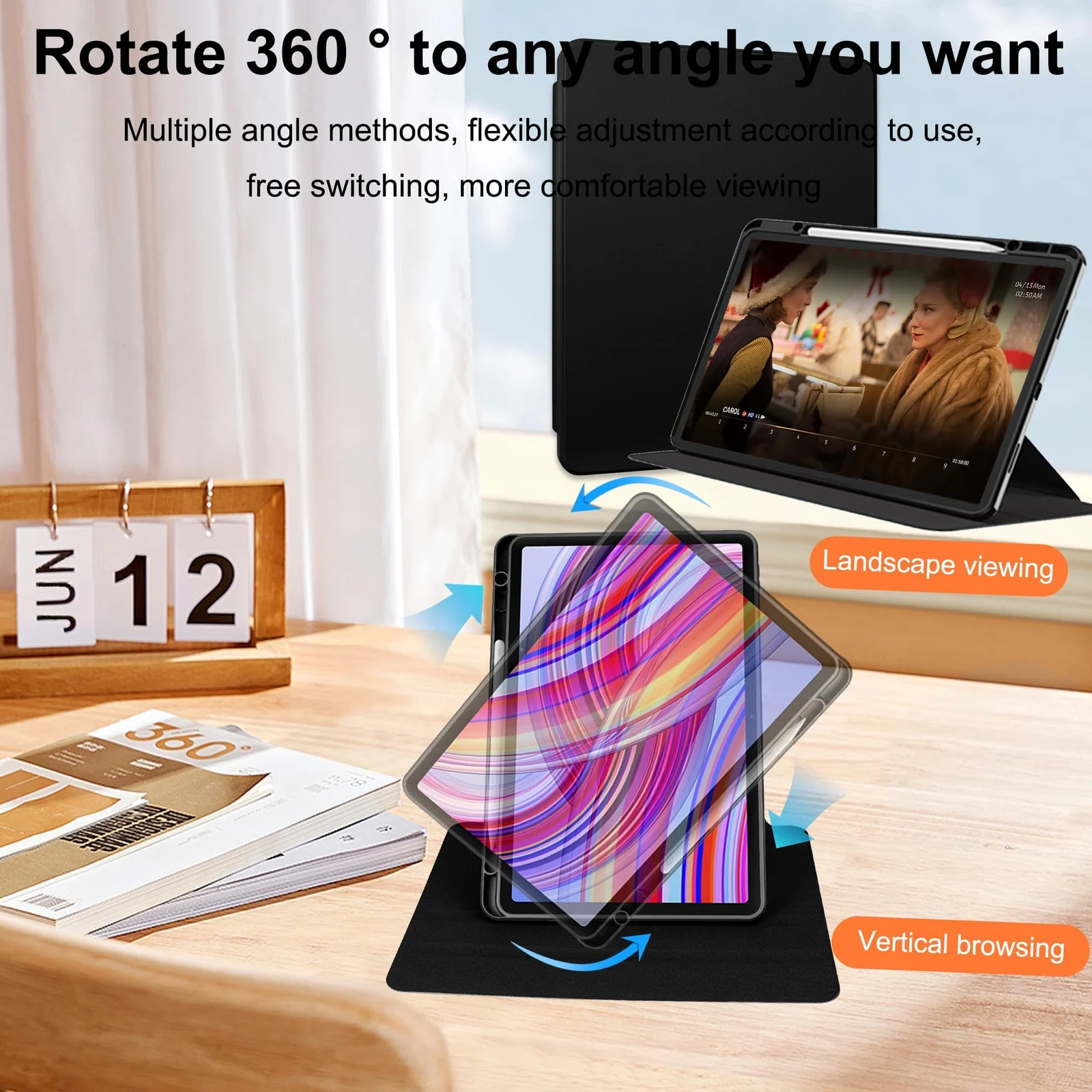 DL3 Mobilak Case for Xiaomi Redmi Pad Pro 12.1 Inch 2024/Xiaomi Poco Pad 12.1 Inch, 360° Rotation Multi-angle Stand Slim Cover PU leather + Transparent Acrylic case with Pen Holder Auto Wake/Sleep - Black