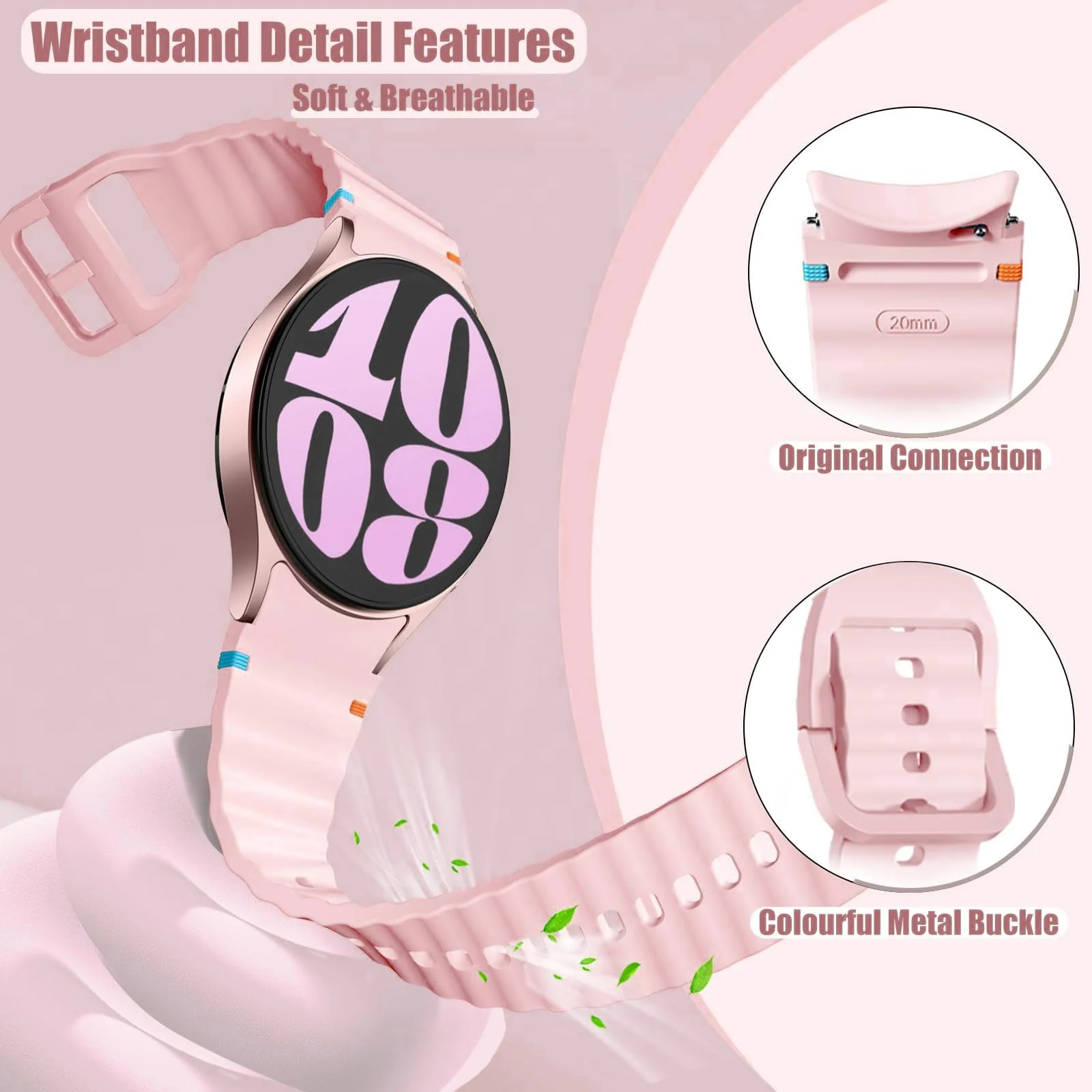 DL3 Mobilak No Gap Sport Bands For Samsung Galaxy Watch 7 6 5 4 FE Strap 40mm 44mm, Soft Silicone Sport Band for Galaxy Watch 6 Classic Straps 47mm 43mm/Galaxy Watch 5 Pro/Watch 4 Classic 42mm 46mm for Men Women - Ice Pink