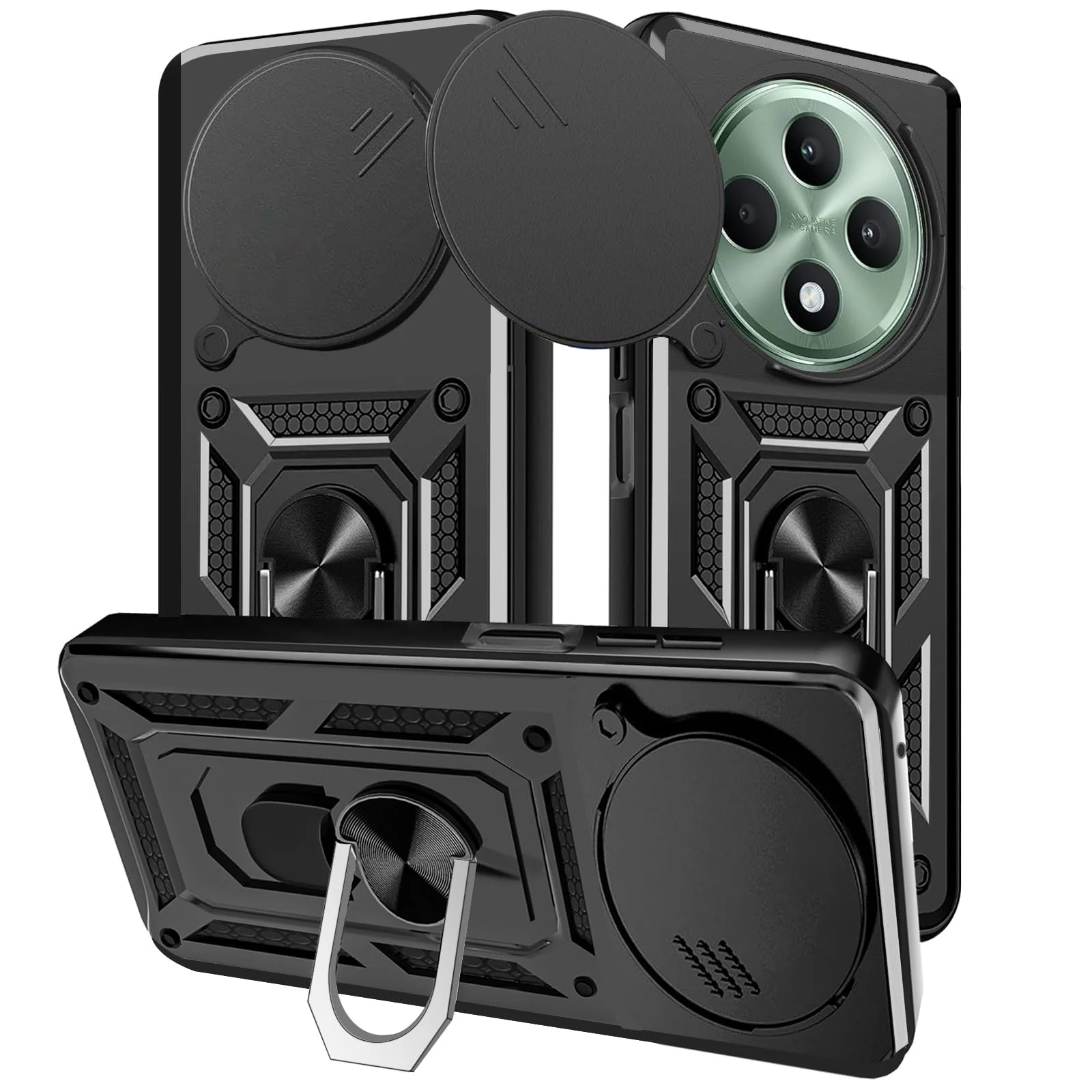 DL3 Mobilak Case for OPPO Reno 12 F/Reno 12F with Slide Camera Cover, Military Grade Shockproof Protective Cover with Rotatable Metal Ring Kickstand [Support Magnetic Car Mount] - Black