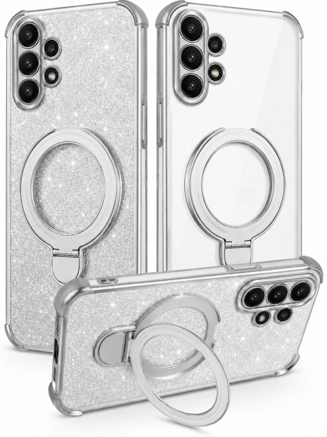 MOBIGON Glitter Phone Case with Magnetic Ring Stand for Samsung Galaxy A32 4G, Silver