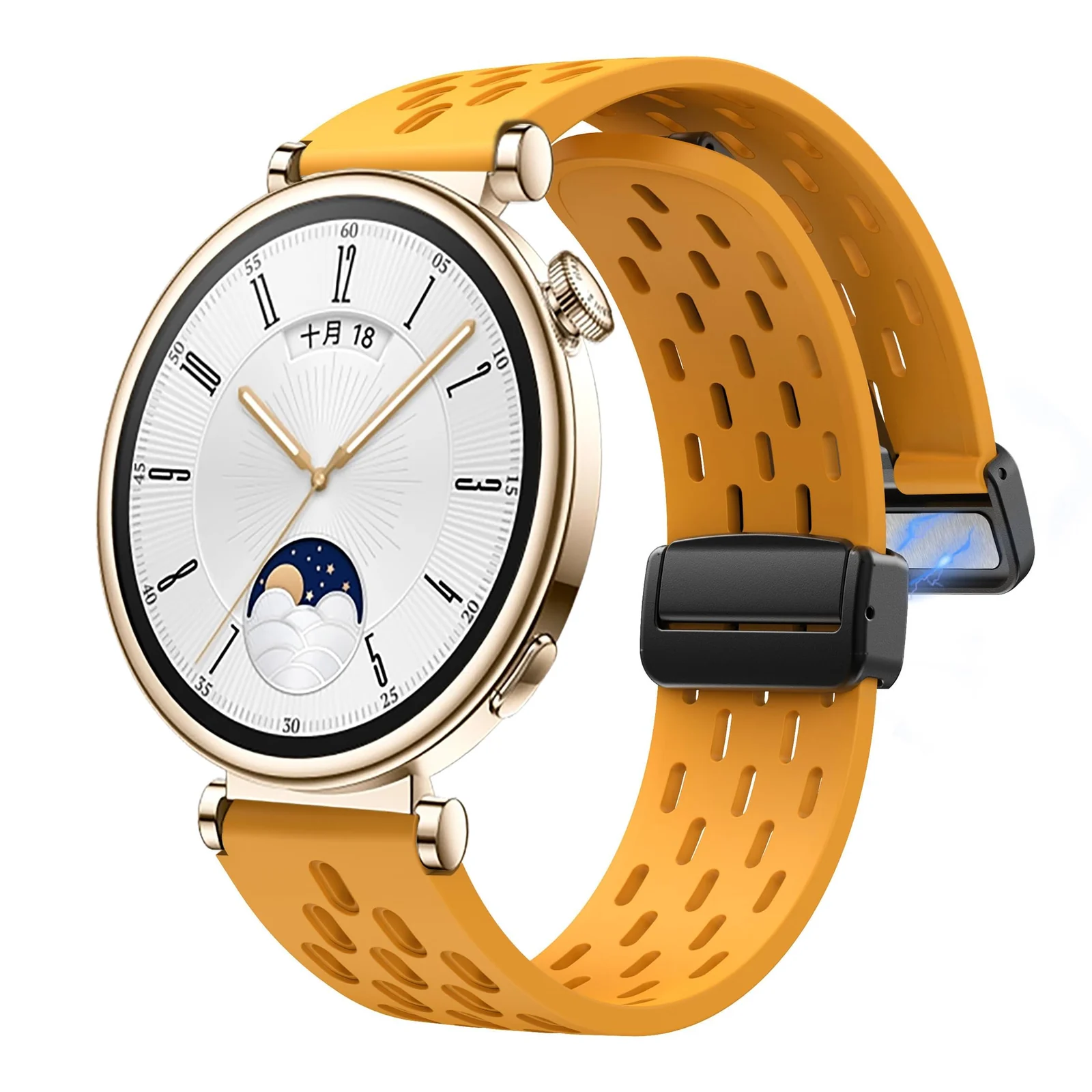 DL3 Mobilak 18mm Silicone Strap For Huawei Watch GT 6 41mm/GT 5 Pro 42 mm/GT 5 41mm/GT4 41 mm/Watch 5 42mm Magnetic Metal Buckle Sport Silicone Breathable Strap, Band Soft Replacment Wristband - Orange