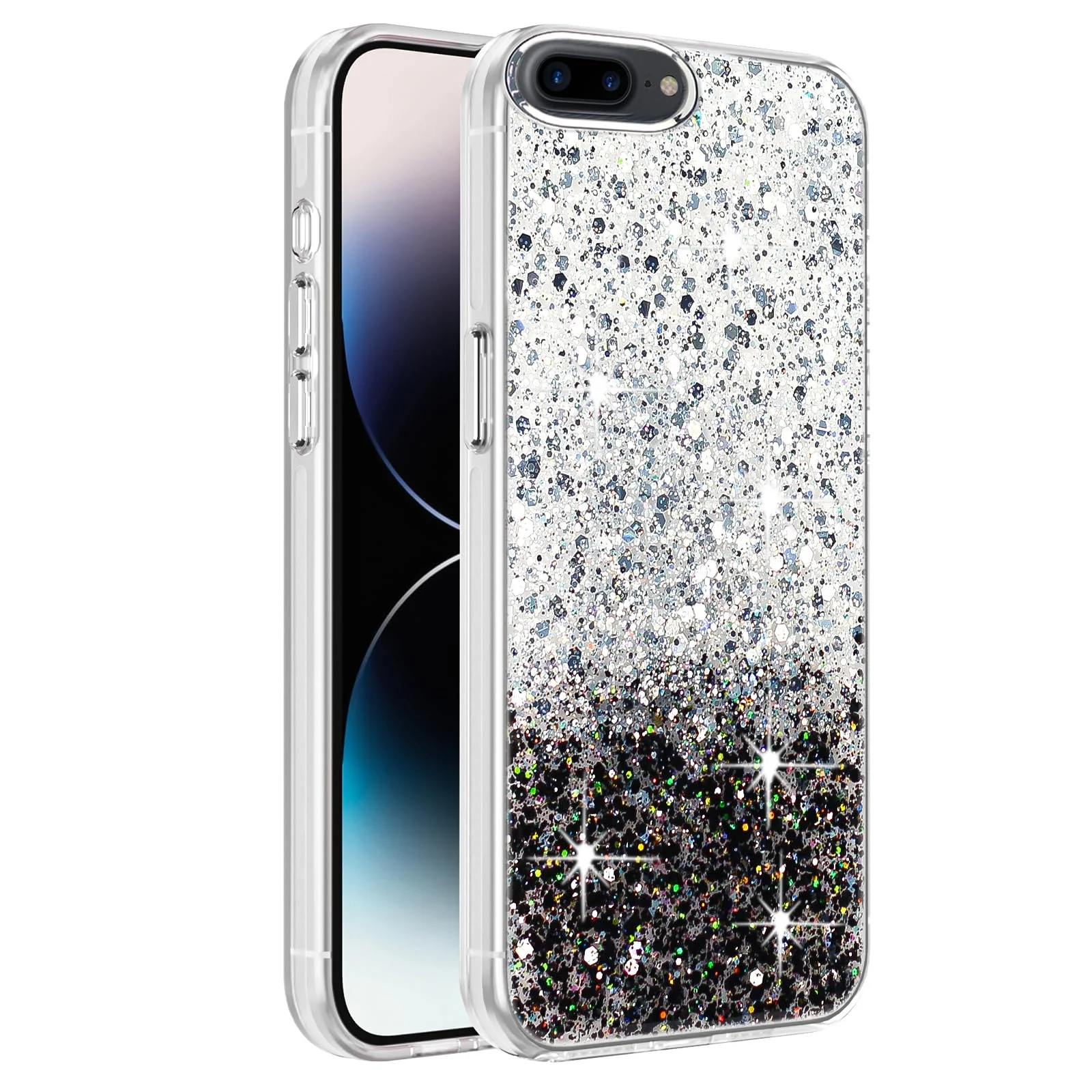 DL3 Mobilak Glitter Protective Case for iPhone 7 Plus / iPhone 8 Plus, Supports wireless charging, Camera protection, Shock-absorbing protection - White Black