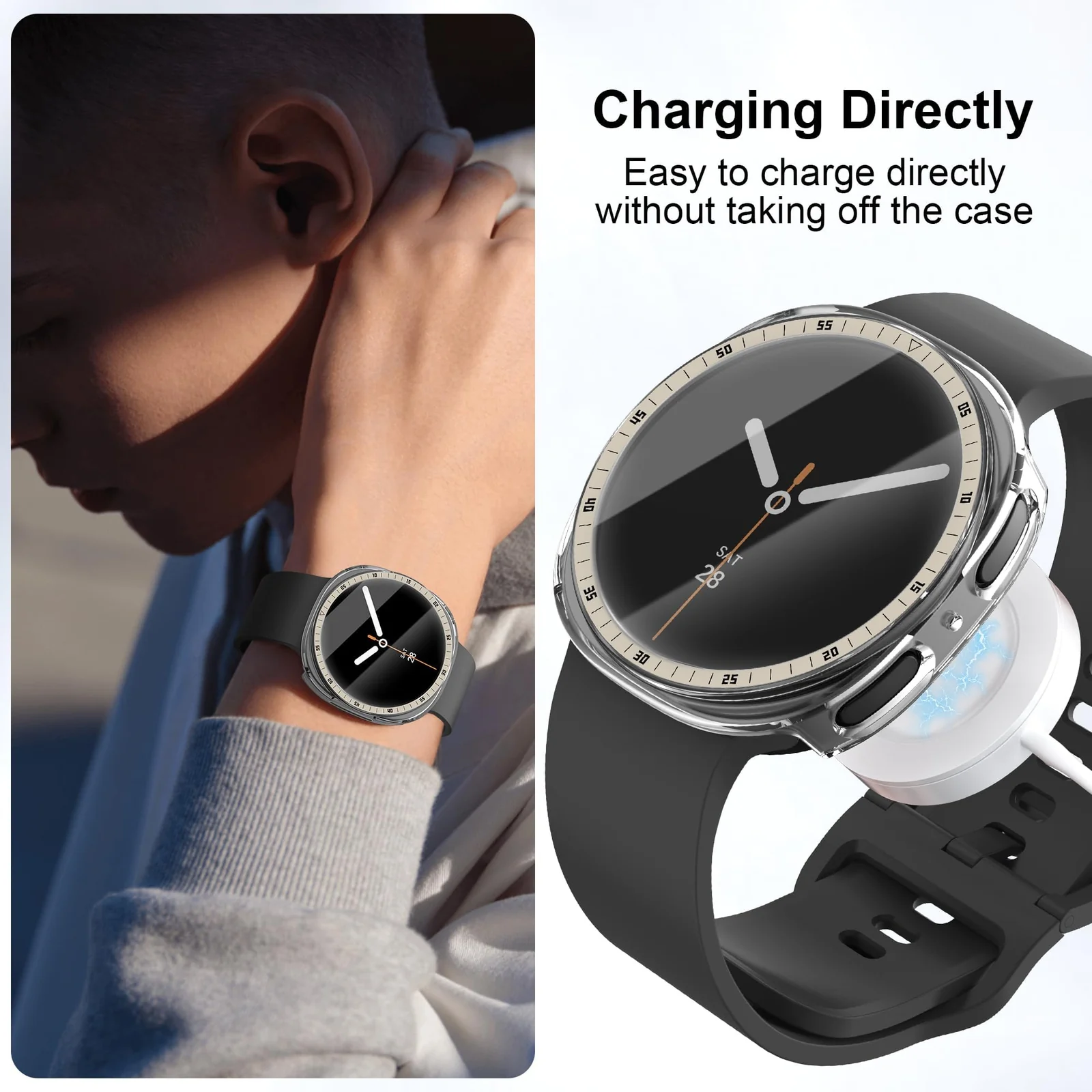DL3 Mobilak [NO Screen Protector] Bumper Case for Samsung Galaxy Watch 8 44mm, Slim Thin Shockproof Bumper Cover With Metal Scale, Hard PC Protective Frame All-Around Edge - Clear Starlight